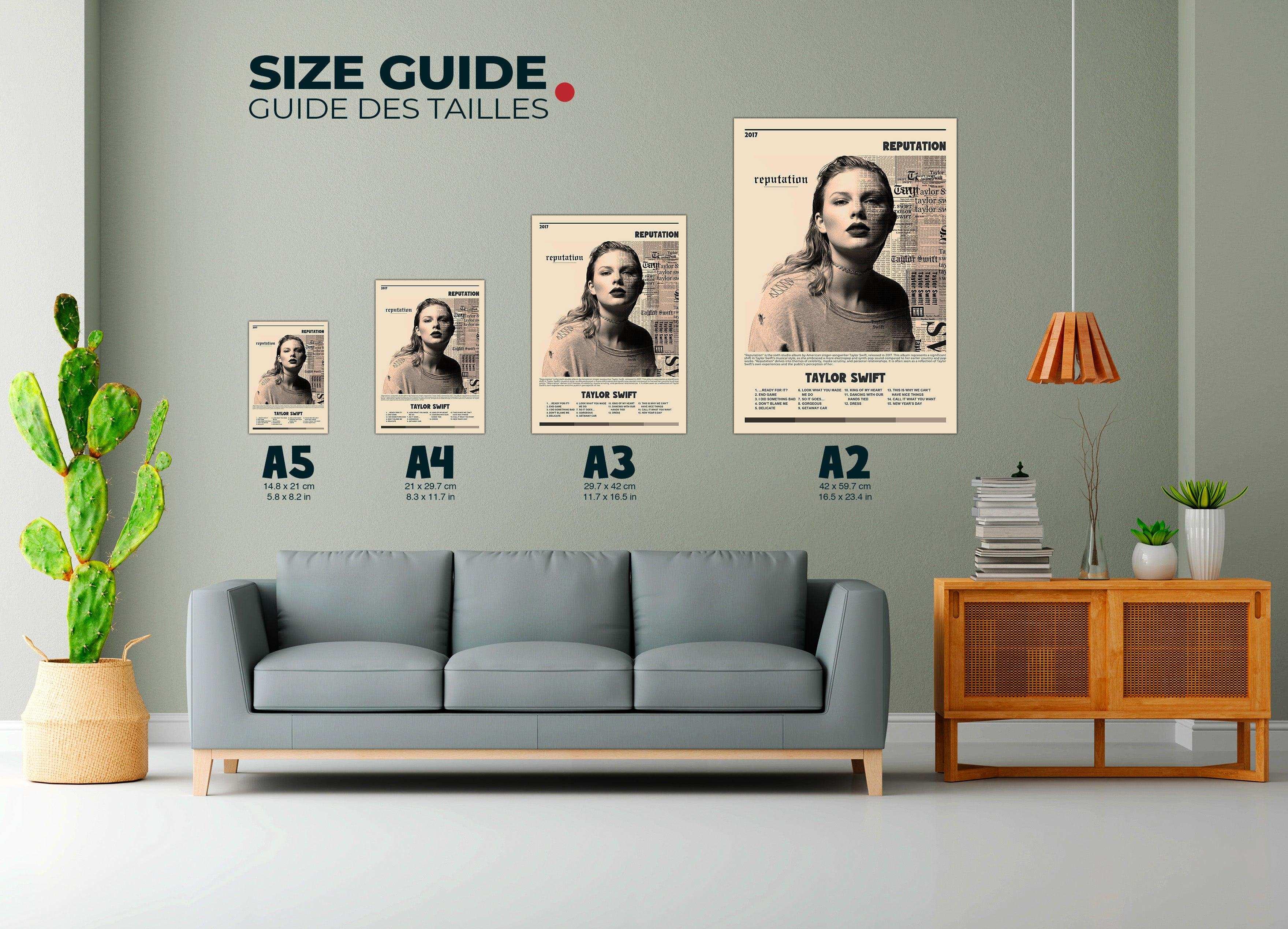 Affiche murale taille A2 à A5 dans un salon moderne, fait en France, livraison gratuite 48h, cadeau idéal Noël