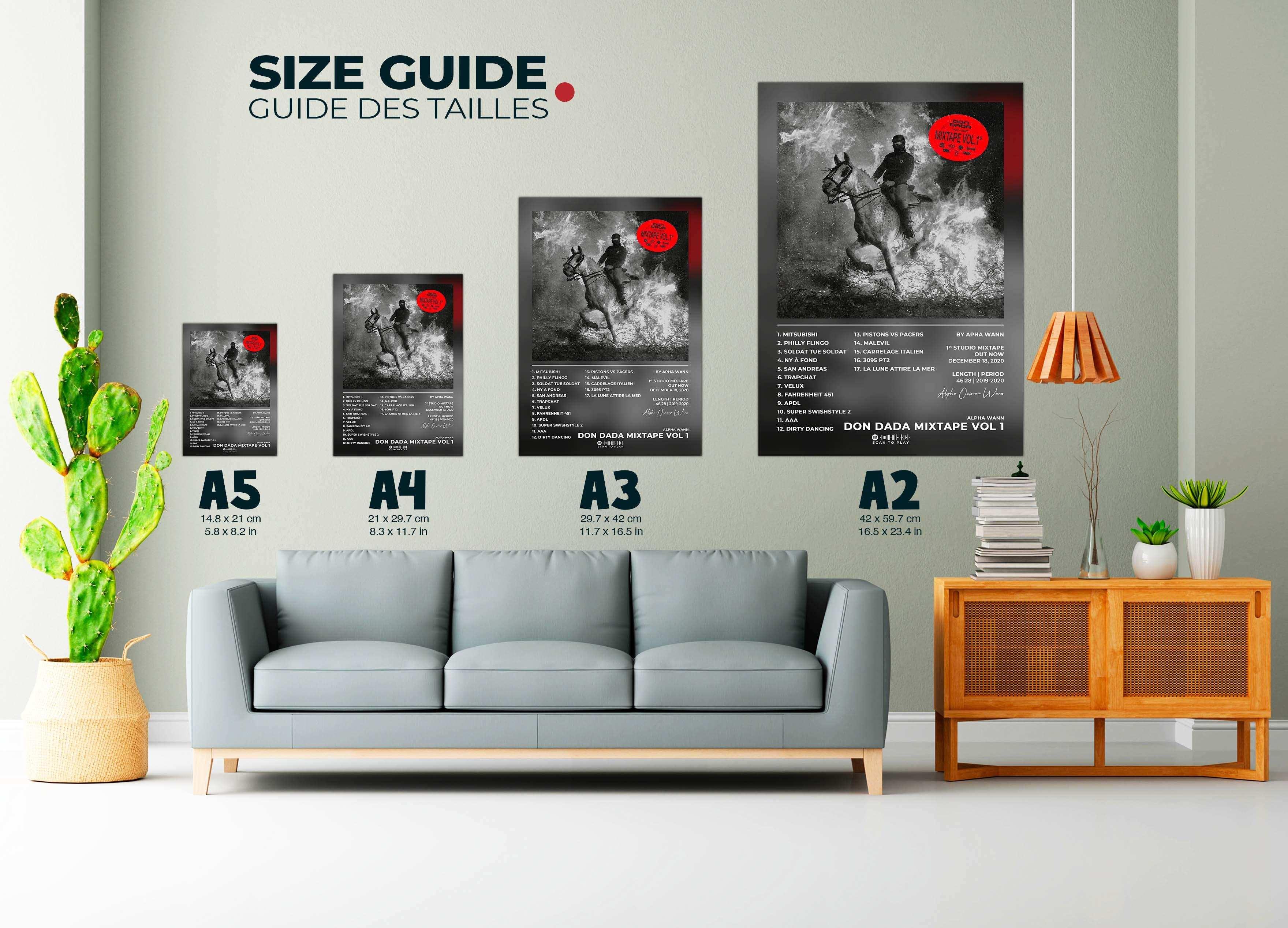 Affiches murales tailles A2 à A5 exposées dans salon moderne, fait en France, livraison gratuite 48h, cadeau Noël idéal