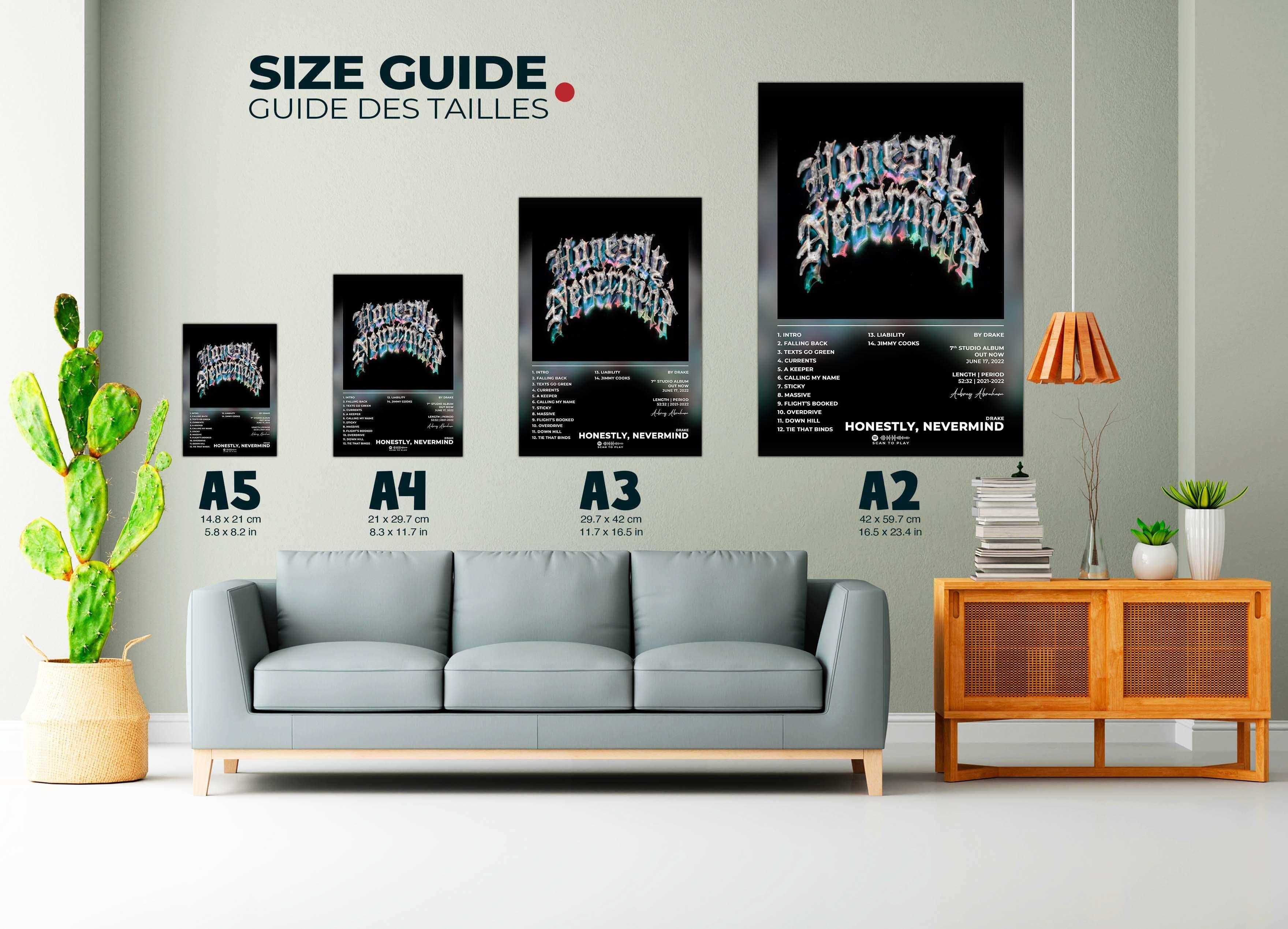 Guide des tailles de posters accrochés au mur, fait en France, livraison gratuite 48h, cadeau idéal Noël