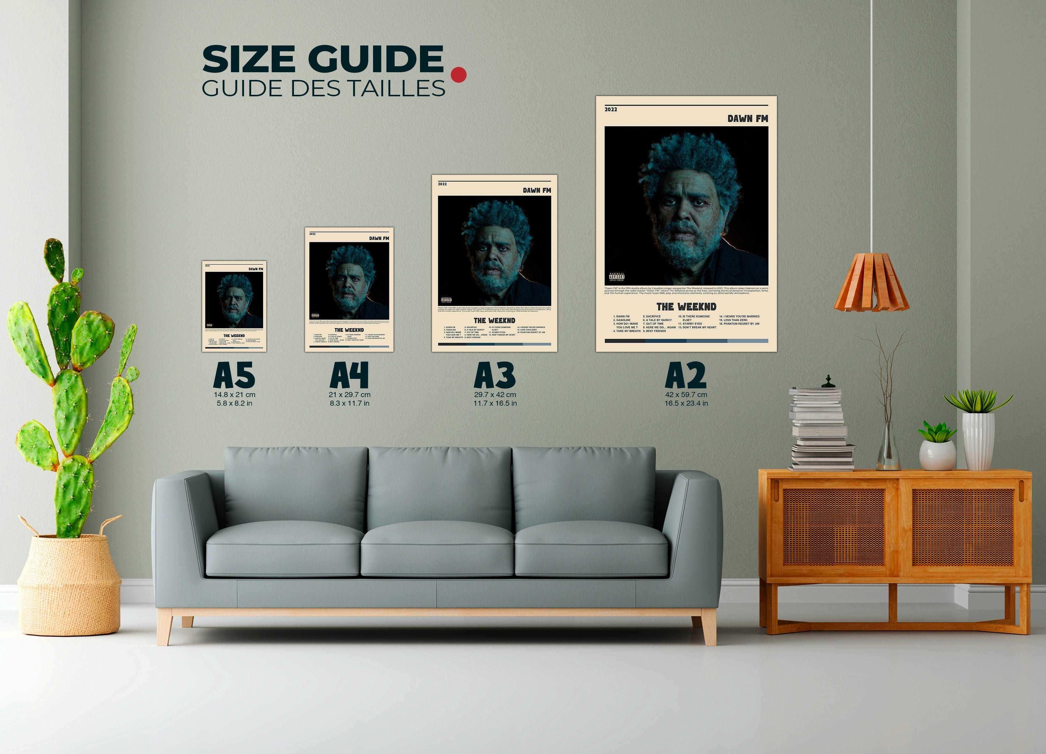 Guide des tailles affiches de The Weeknd sur un mur, fait en France, livraison gratuite 48h, cadeau Noël idéal