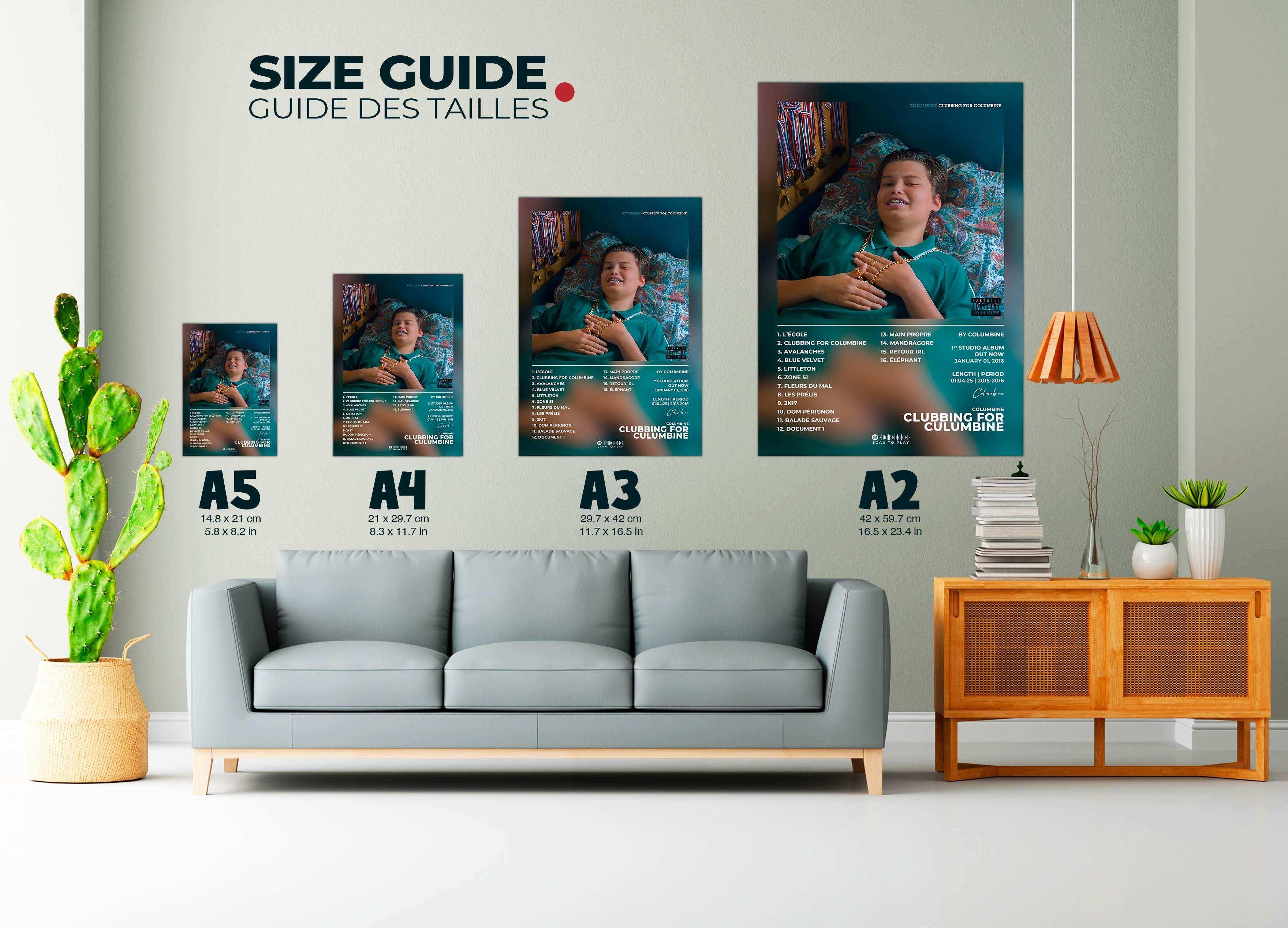 Affiche accrochée au mur, comparatif tailles A5 à A2, fait en France, livraison 48h gratuite, cadeau idéal Noël