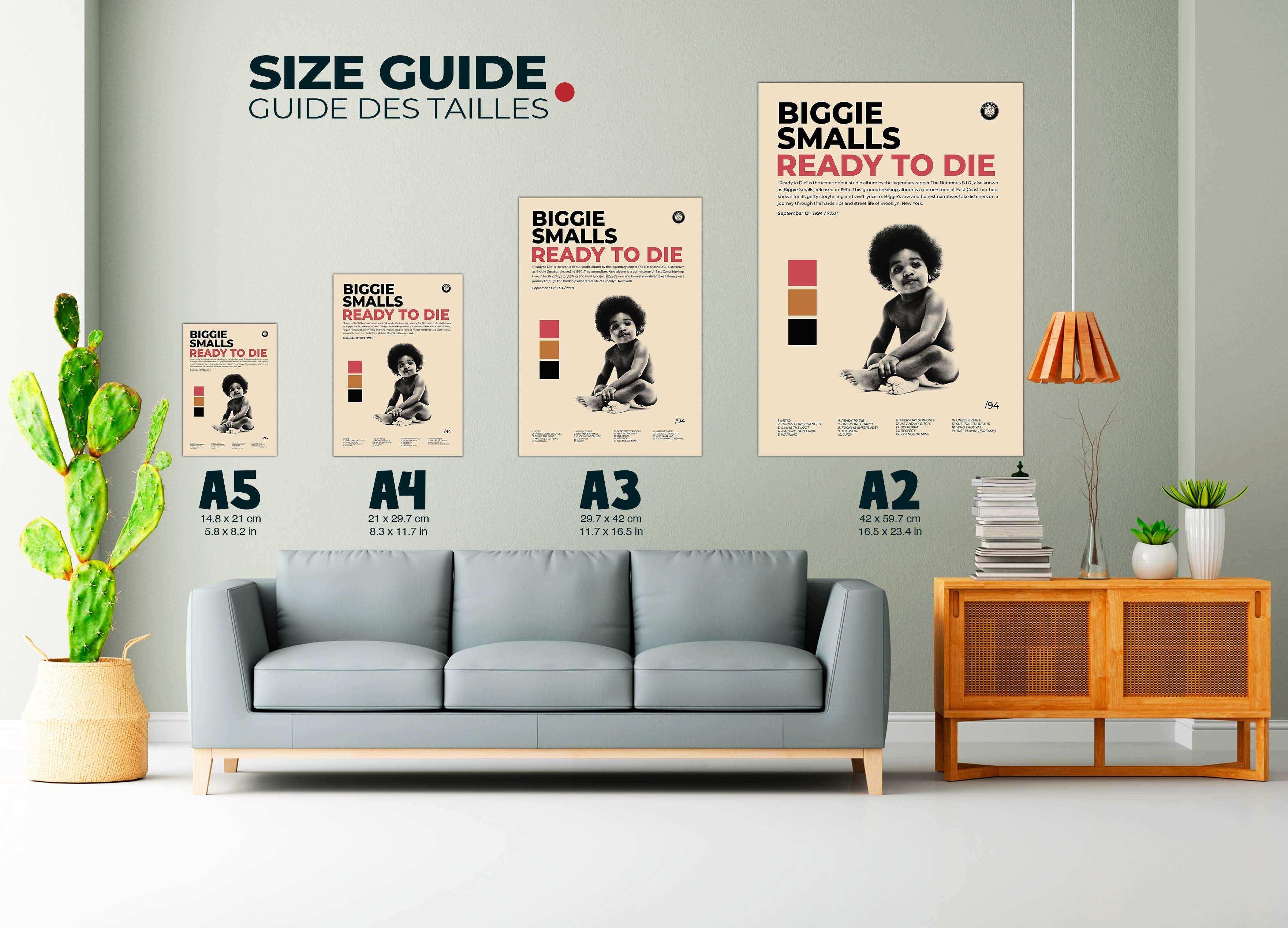 Affiches Biggie Smalls différentes tailles sur mur salon, fait en France, livraison 48h, cadeau idéal Noël
