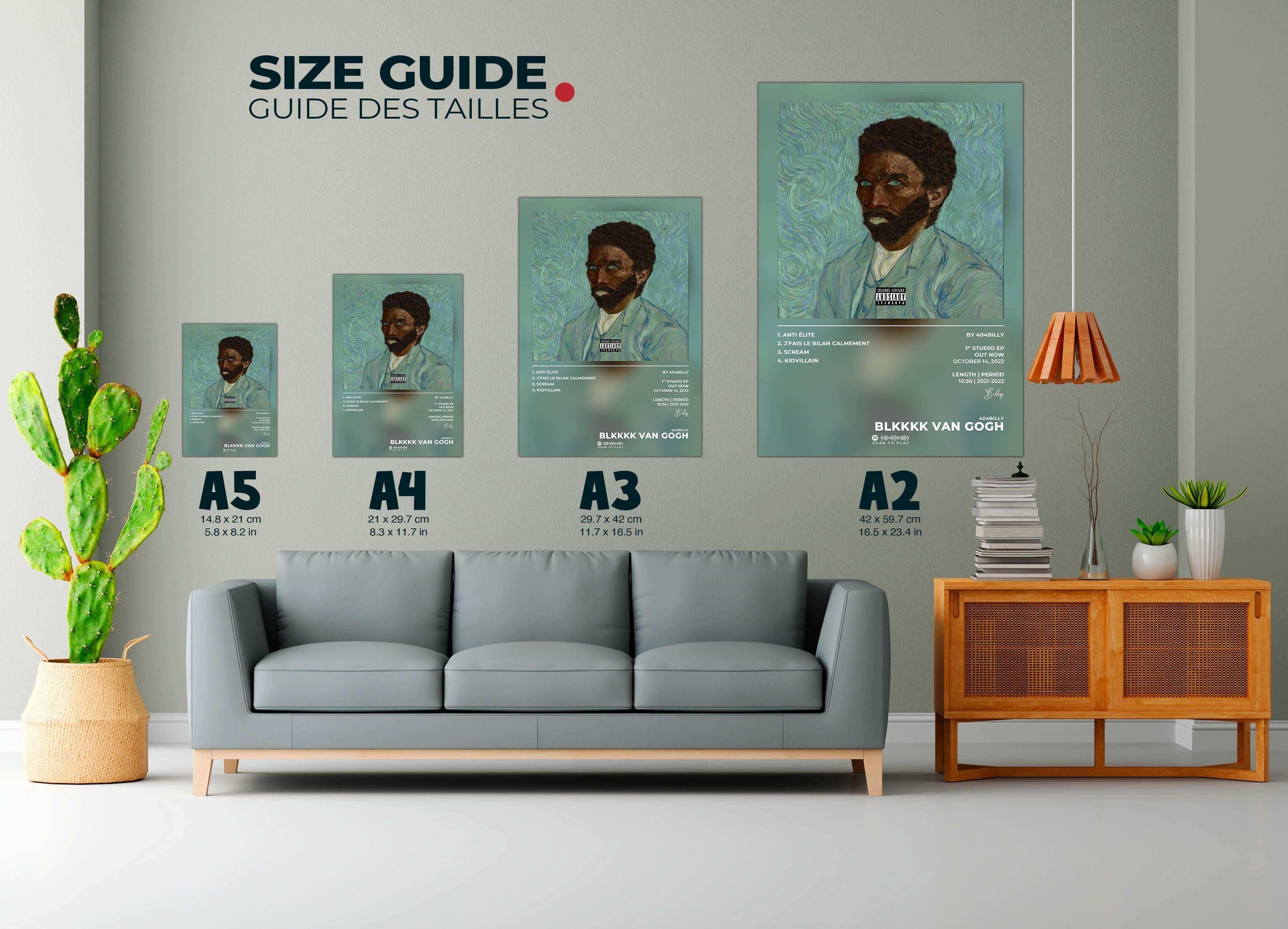 Guide tailles affiches murales BLKKKK VAN GOGH, fait en France, livraison 48h gratuite, cadeau idéal Noël
