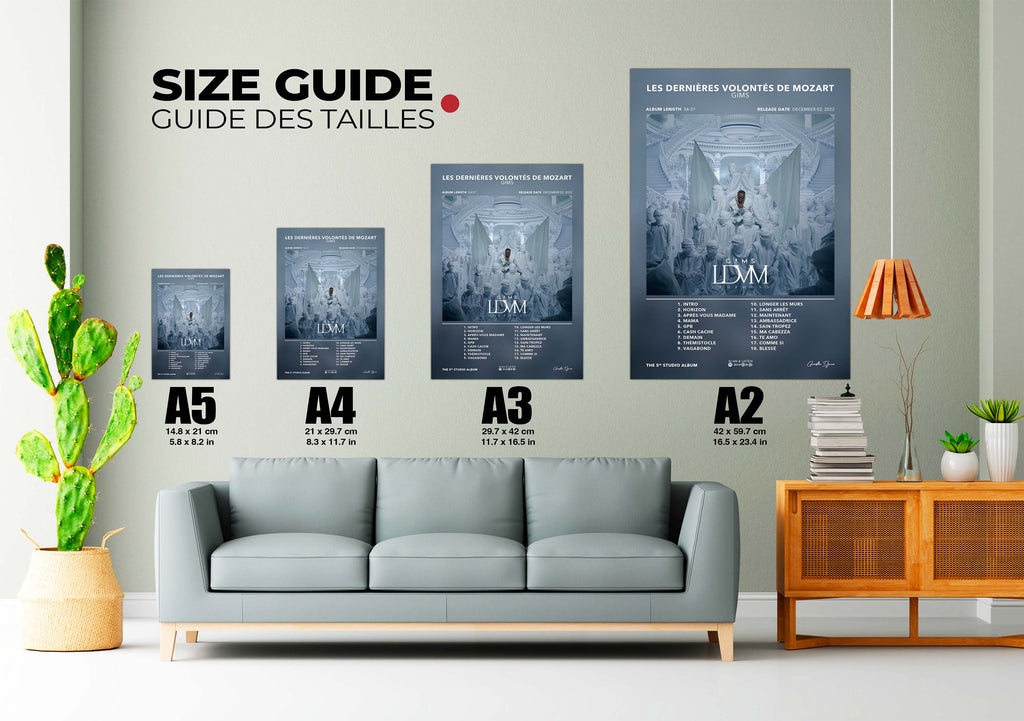 Guide des tailles affiches A5 à A2 avec canapé gris, plante cactus et meuble bois, fait en France, livraison gratuite 48h