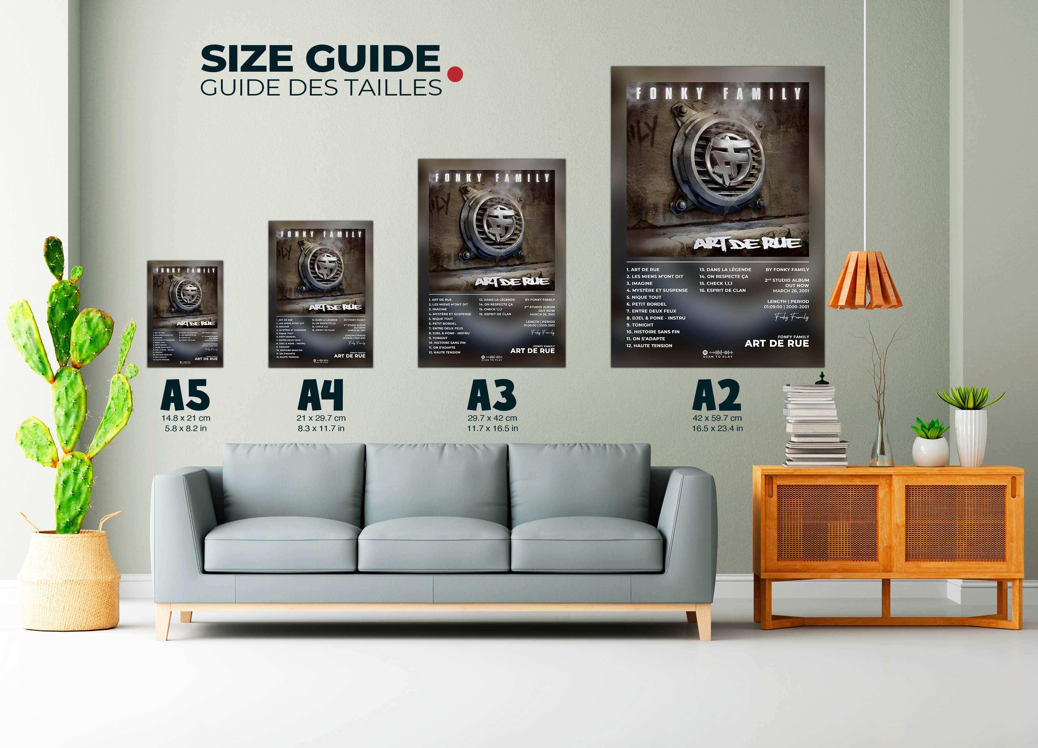 Guide des tailles de posters Fonky Family affichés au mur d’un salon, fait en France, livraison gratuite 48h, cadeau idéal pour Noël