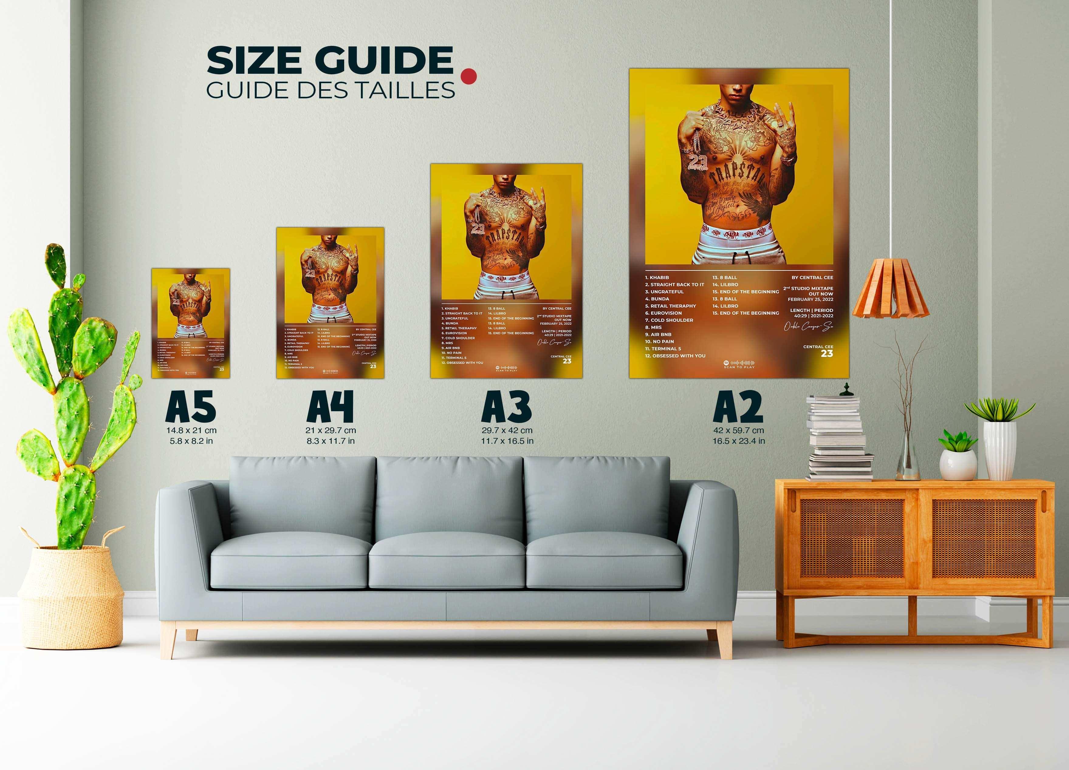 Guide des tailles de posters rap sur mur de salon, fait en France, livraison 48h gratuite, cadeau idéal Noël