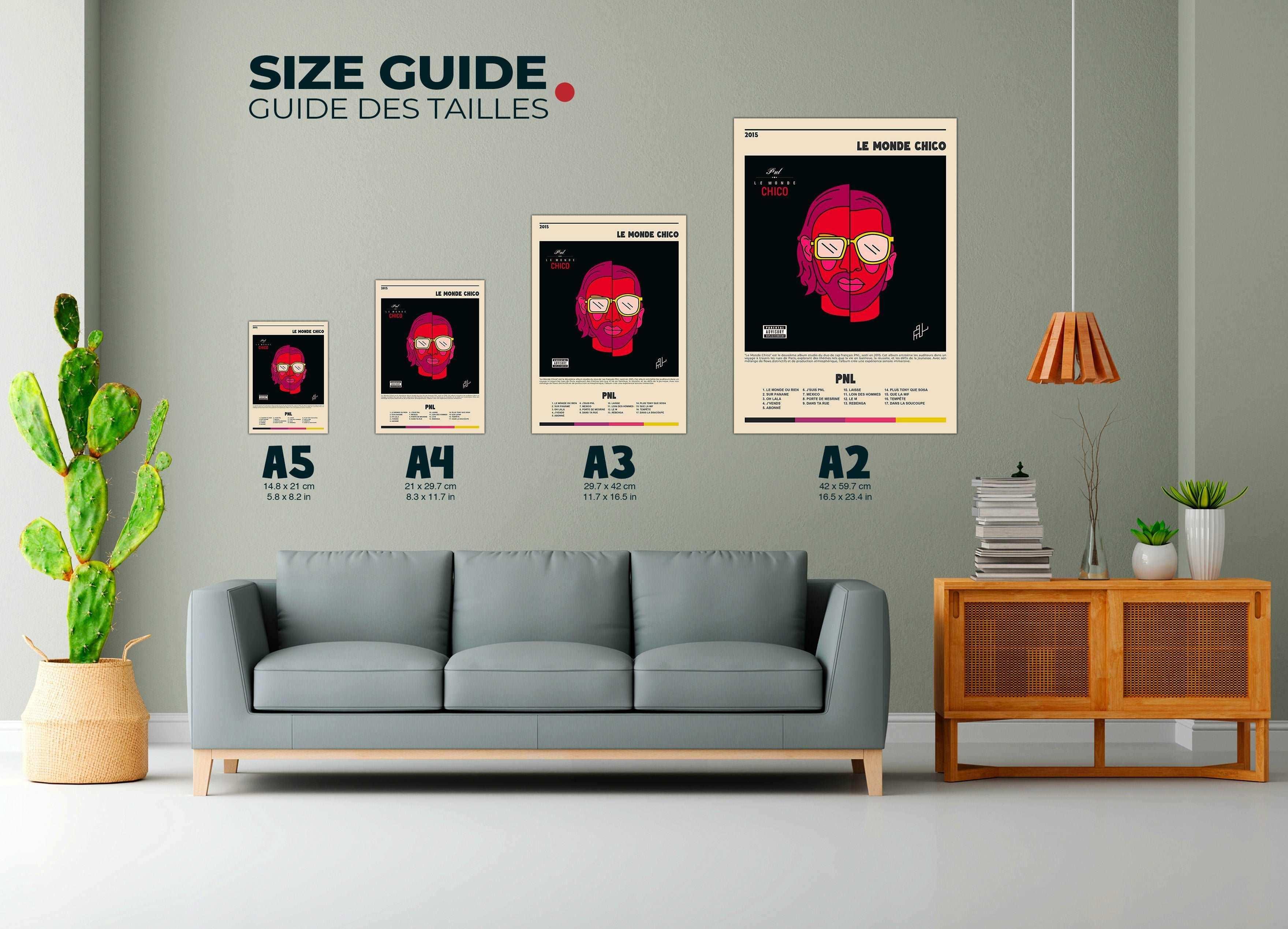 Affiches murales avec guide des tailles, fait en France, livraison gratuite 48h, idéal Noël