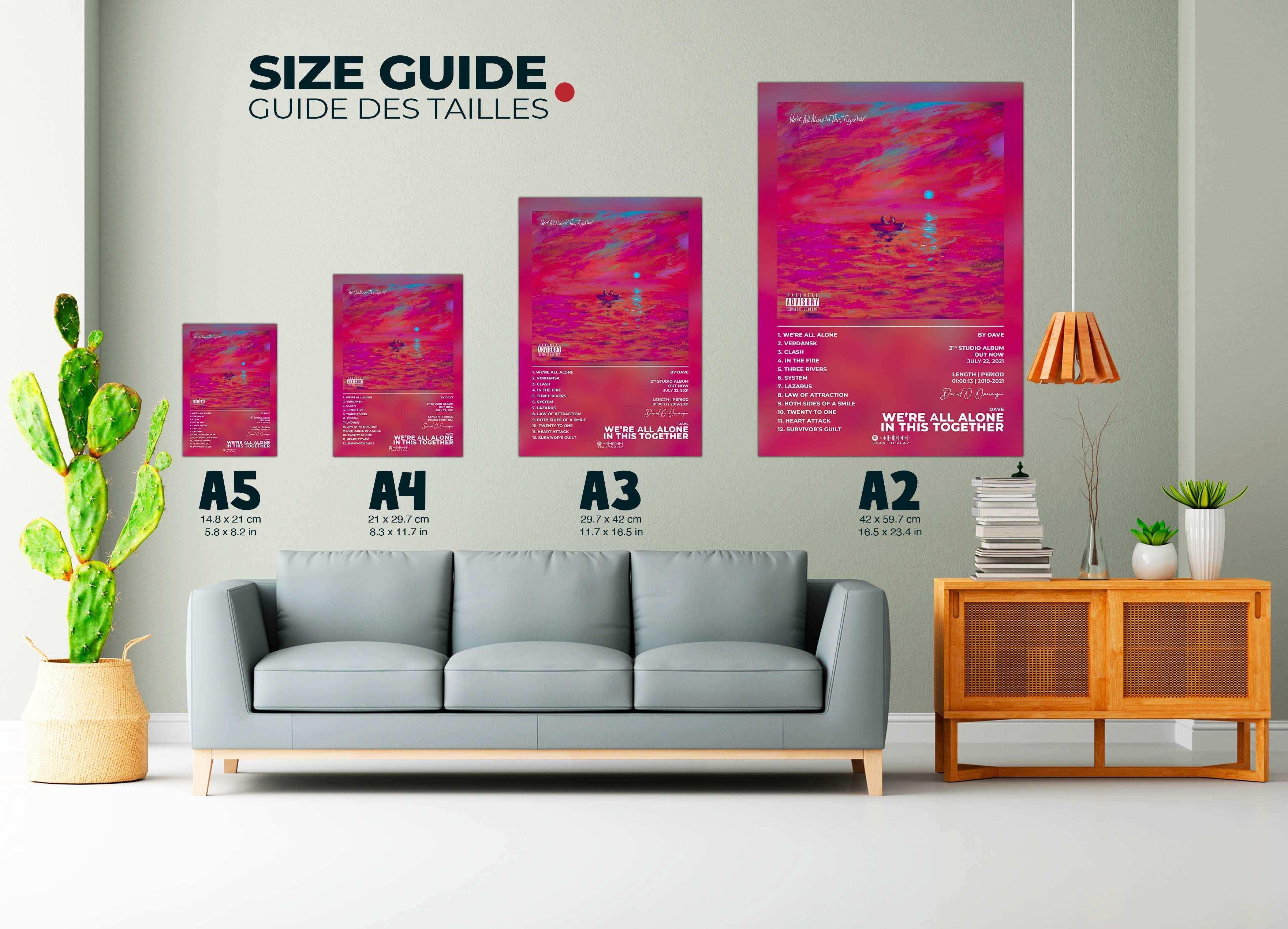 Affiche murale colorée avec guide des tailles, faite en France, livraison gratuite 48h, idée cadeau Noël