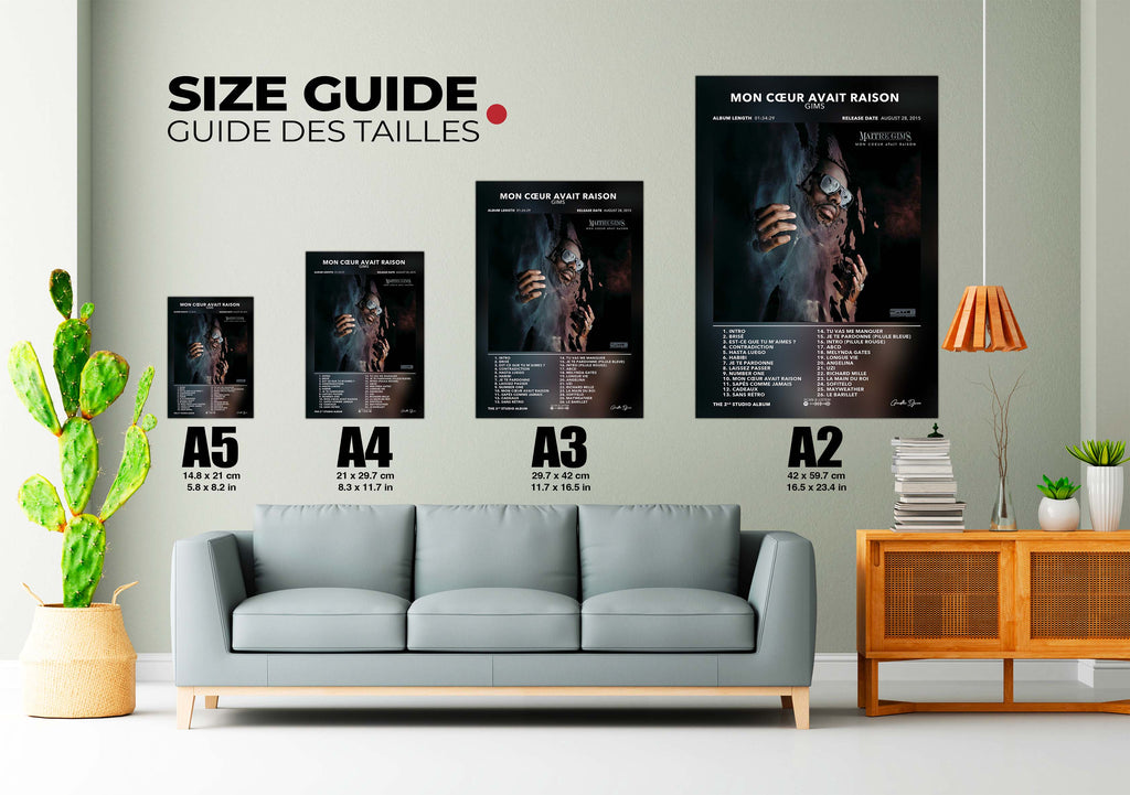 Guide des tailles posters A5 à A2 affichés au-dessus d'un canapé gris, fait en France, livraison gratuite 48h