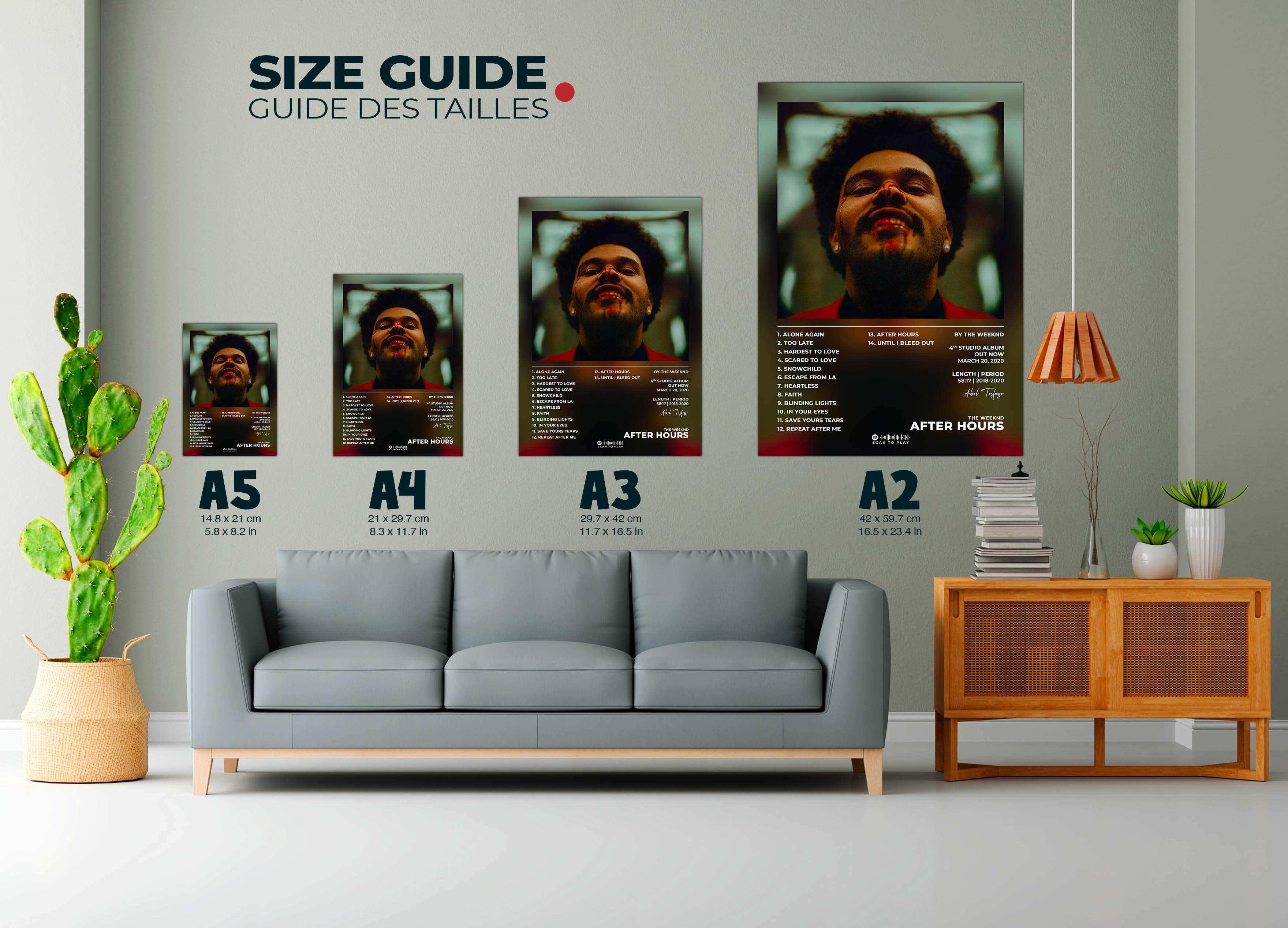 Guide des tailles de posters affiché au mur d’un salon moderne, fait en France, livraison gratuite 48h, cadeau idéal Noël.
