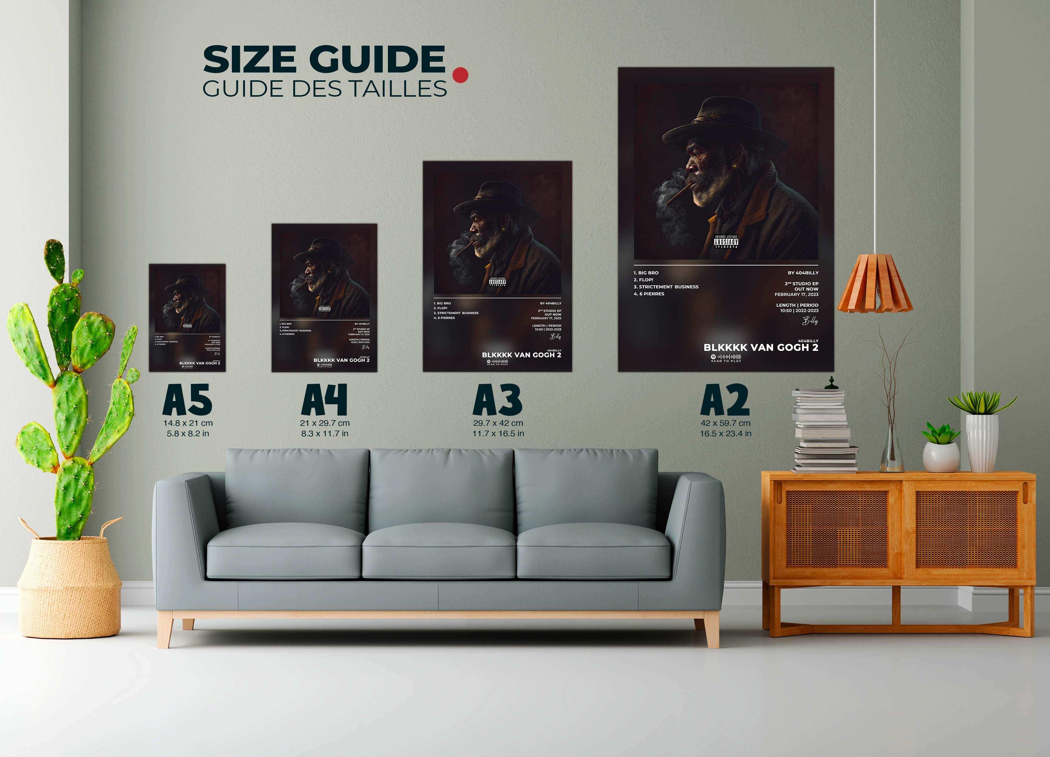 Guide des tailles de posters muraux homme avec chapeau, fait en France, livraison 48h gratuite, cadeau Noël idéal