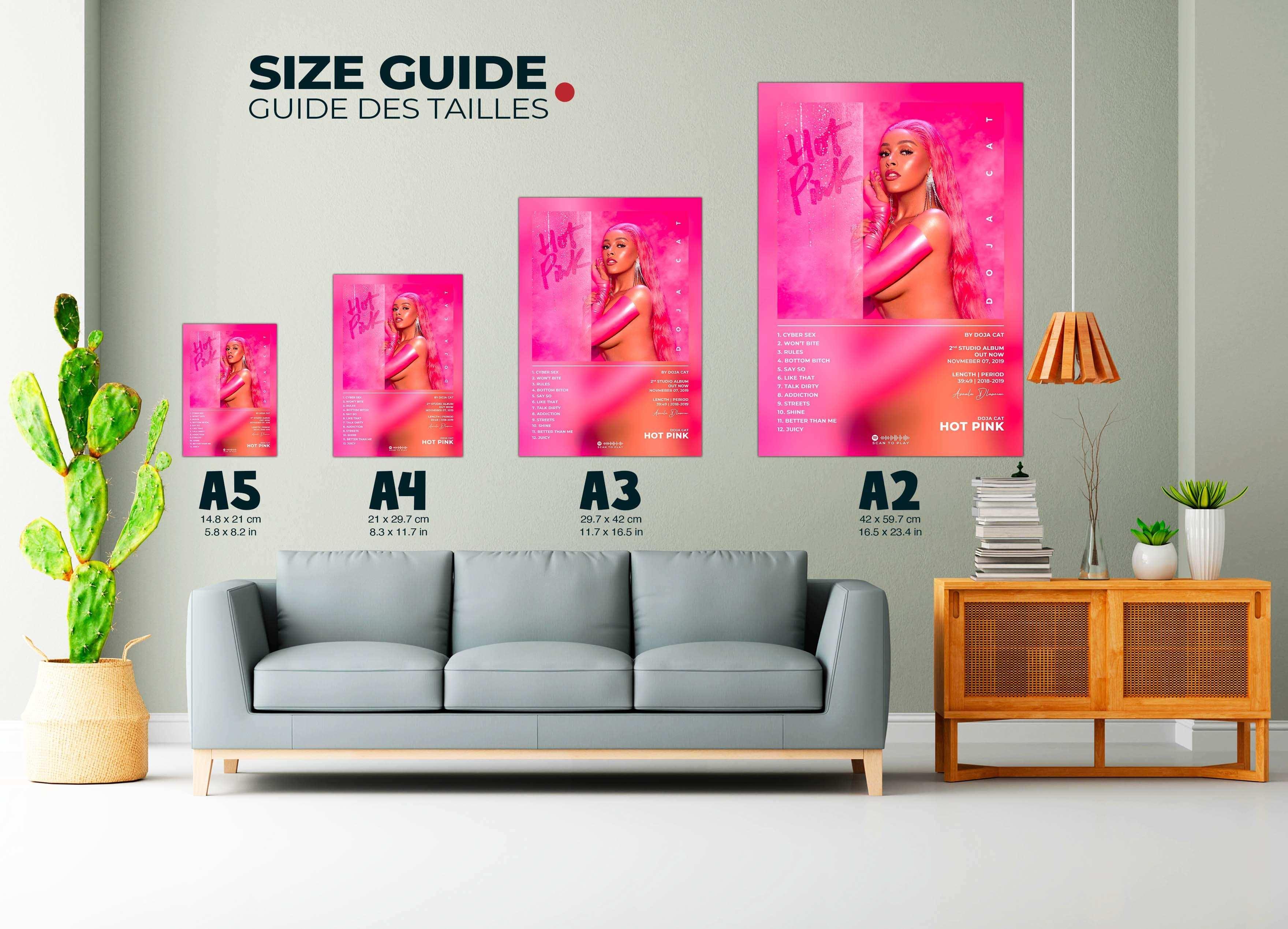 Posters Hot Pink accrochés au mur, disponibles en A5, A4, A3, A2, faits en France, livraison gratuite 48h, cadeau idéal Noël