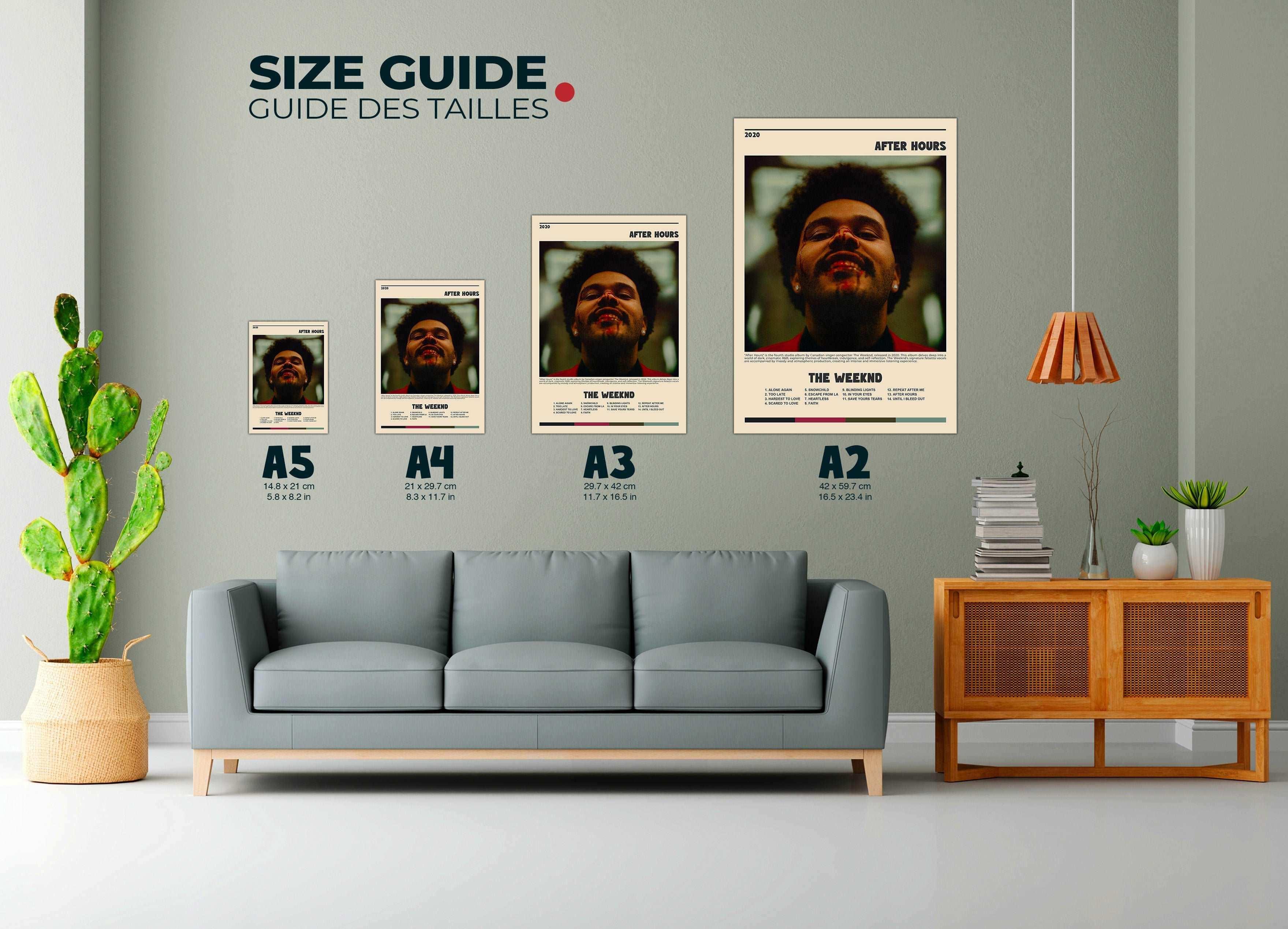 Posters taille A2 à A5 alignés au mur dans salon moderne, fait en France, livraison 48h gratuite, cadeau idéal Noël