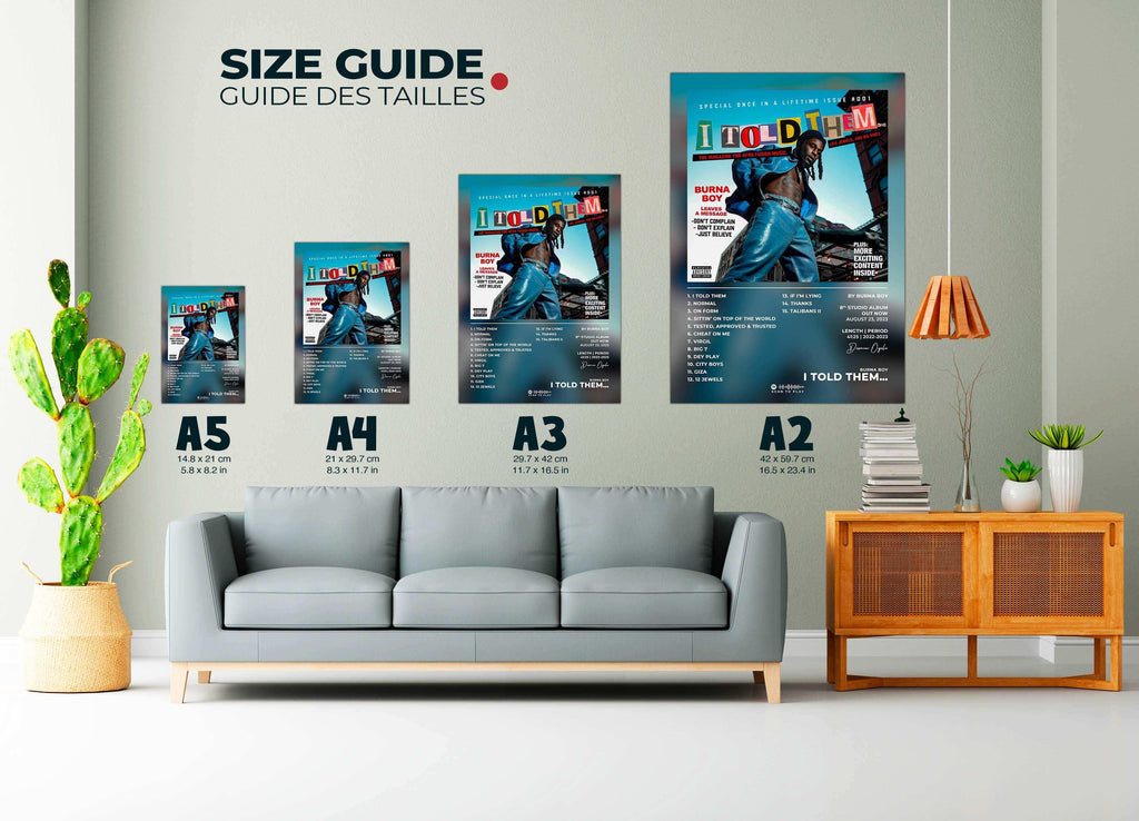 Affiches tailles A5 à A2 sur un mur au-dessus d’un canapé, fait en France, livraison gratuite 48h, cadeau idéal pour Noël.