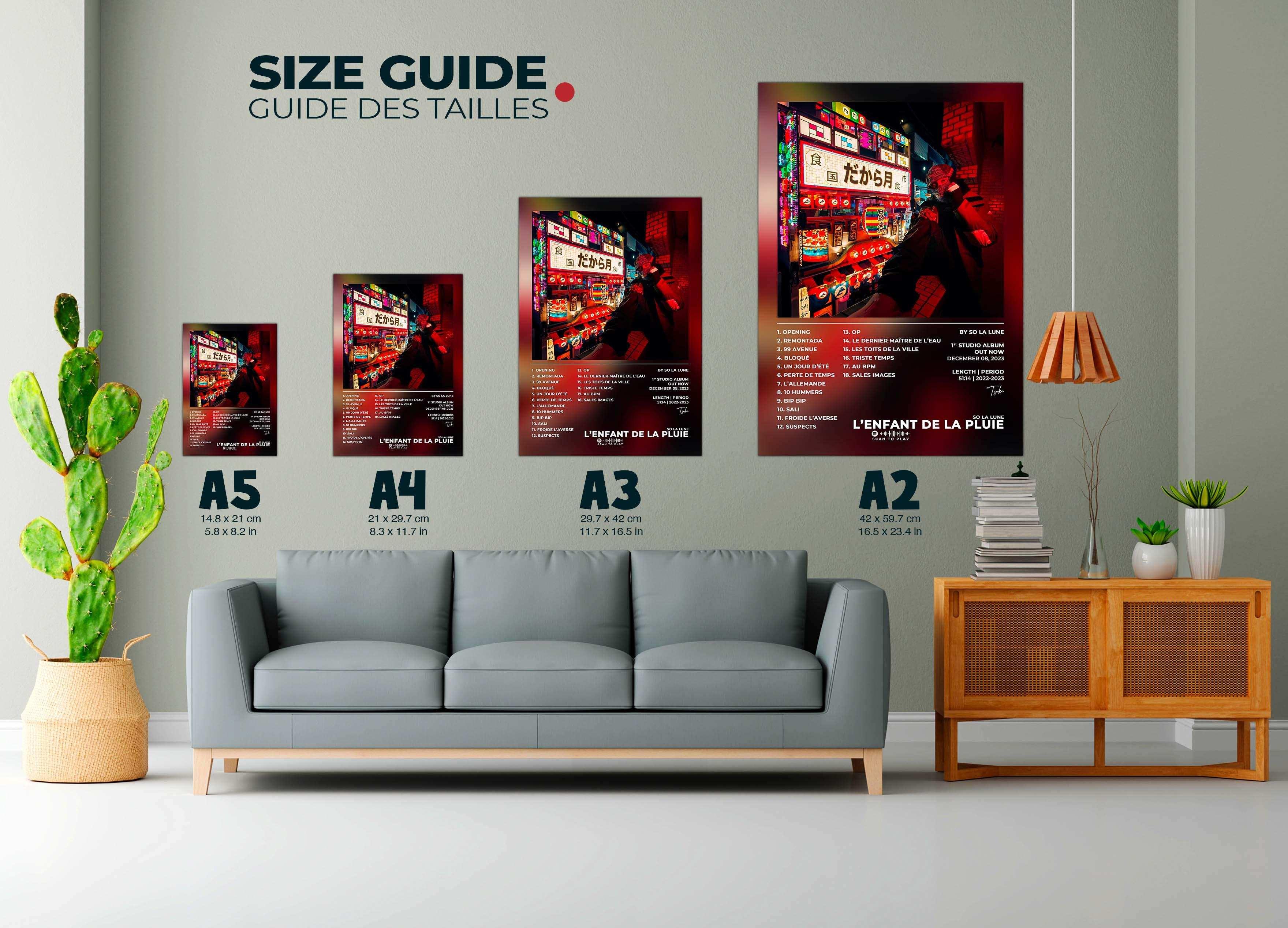Guide des tailles de posters accrochés au mur, fait en France, livraison 48h gratuite, cadeau idéal Noël