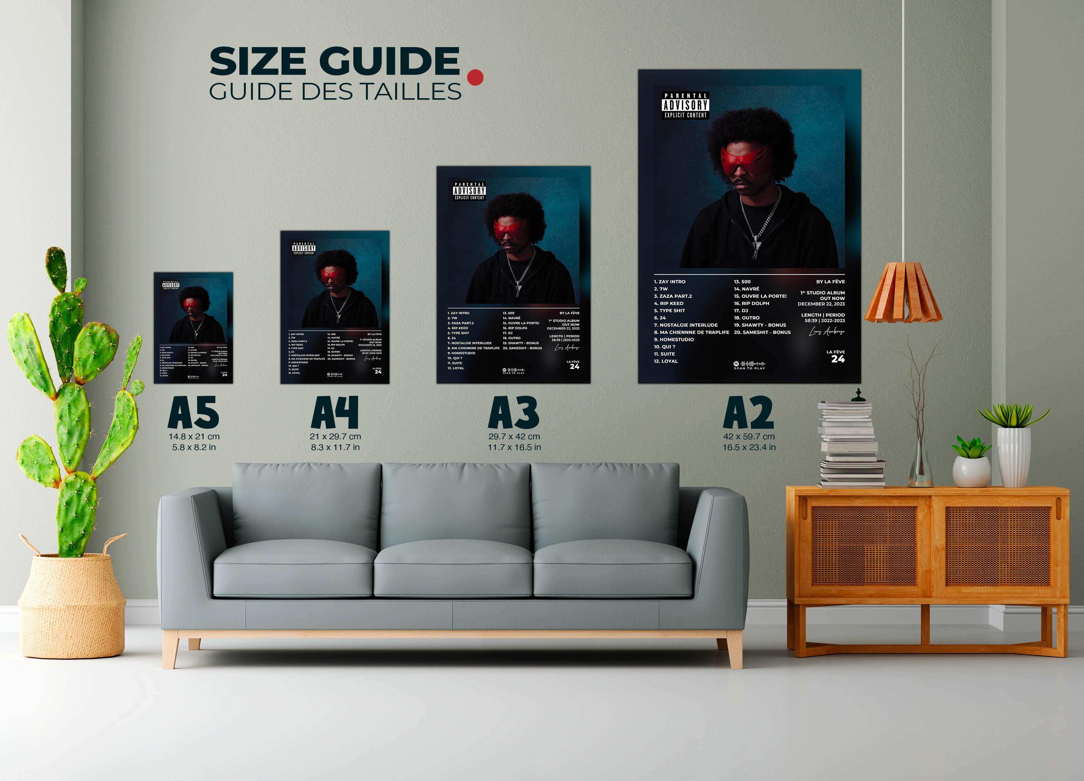 Guide des tailles de posters accrochés au mur, fait en France, livraison gratuite 48h, idéal Noël