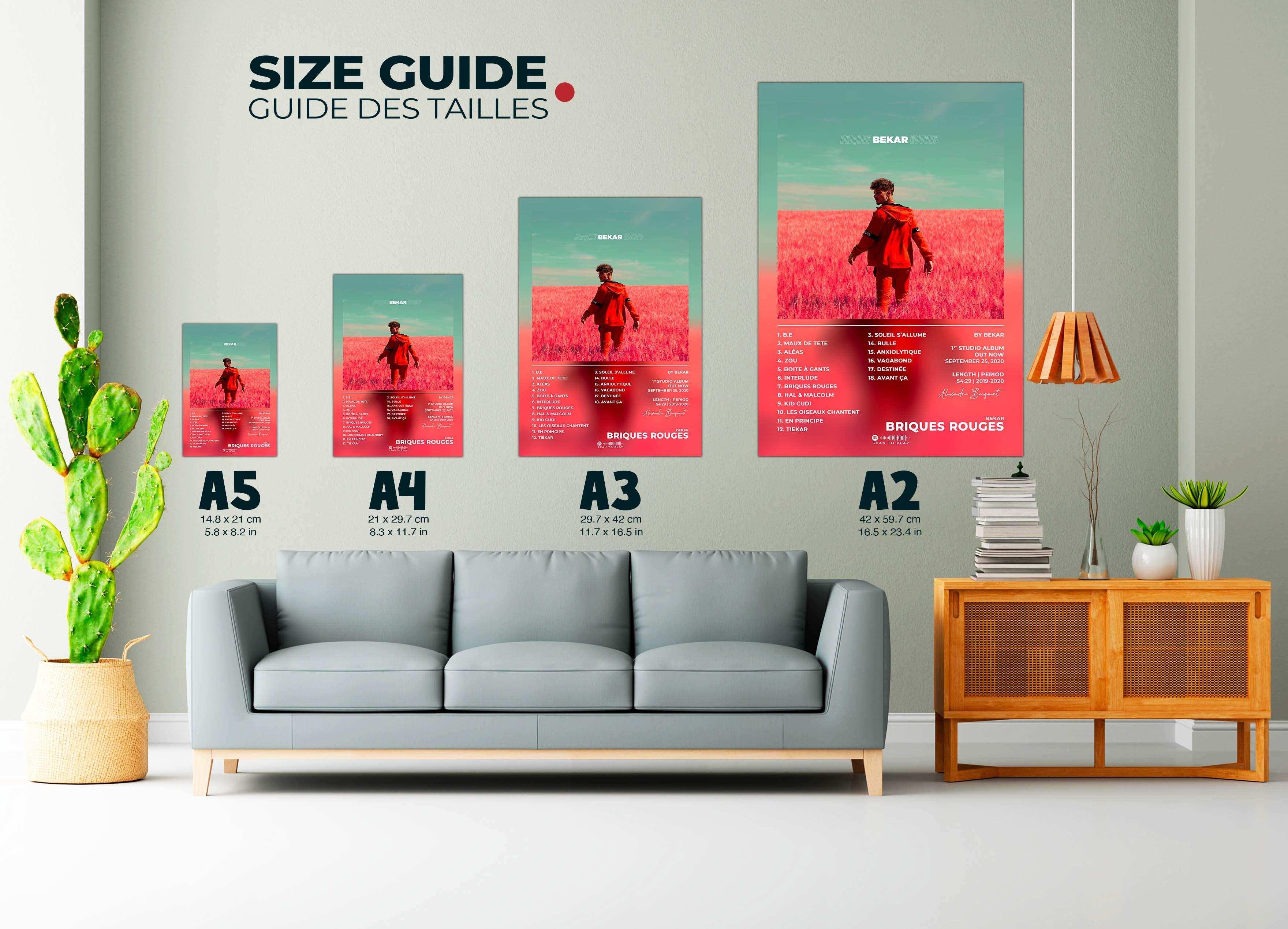 Affiche murale taille A2 à A5 dans salon moderne, fait en France, livraison gratuite 48h, cadeau Noël idéal.