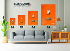 Affiches orange de tailles A5 à A2 au mur d’un salon moderne, fait en France, livraison gratuite 48h, cadeau idéal pour Noël.