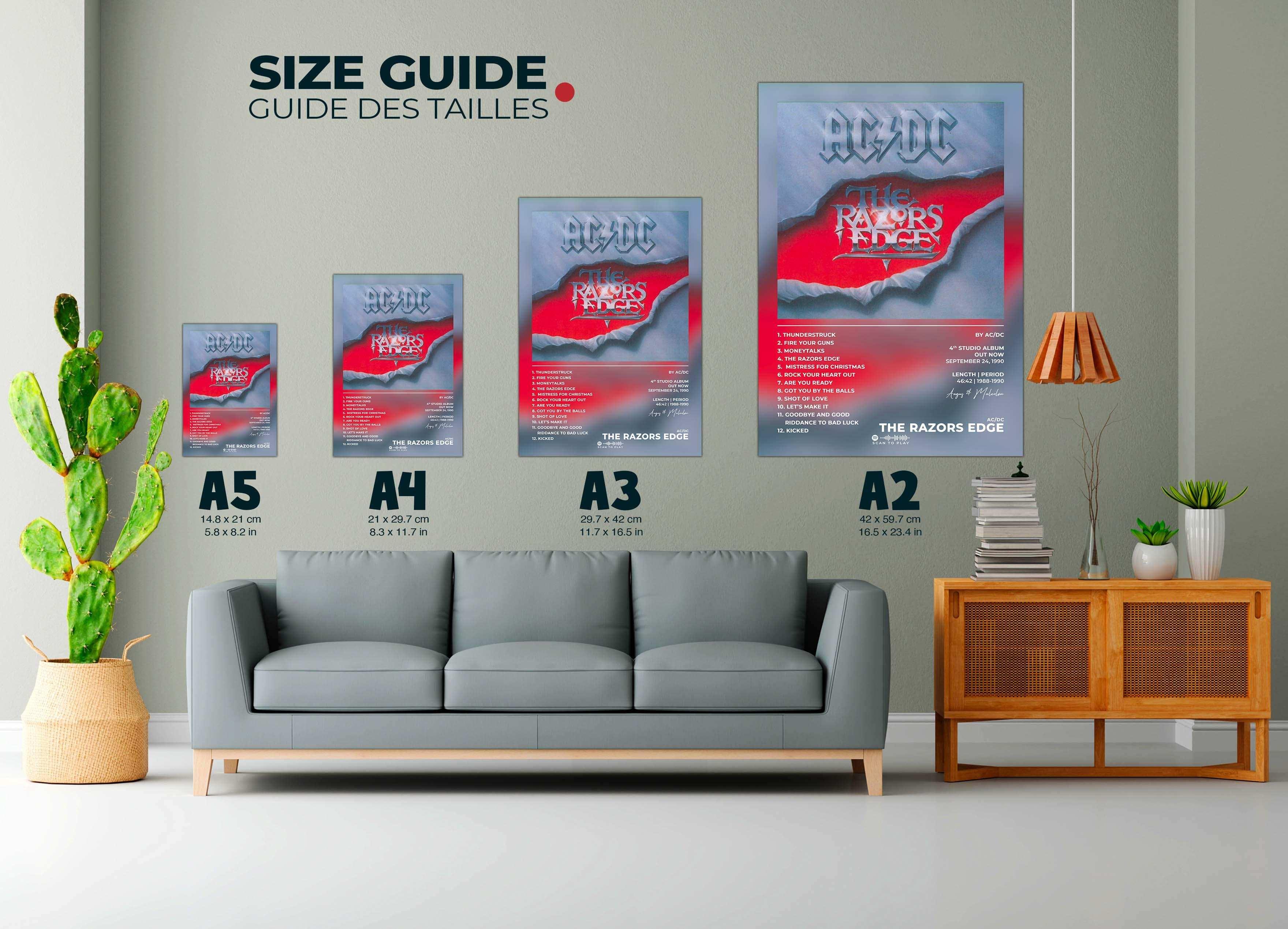 Affiches AC/DC de différentes tailles exposées dans un salon, fait en France, livraison gratuite 48h, cadeau idéal pour Noël