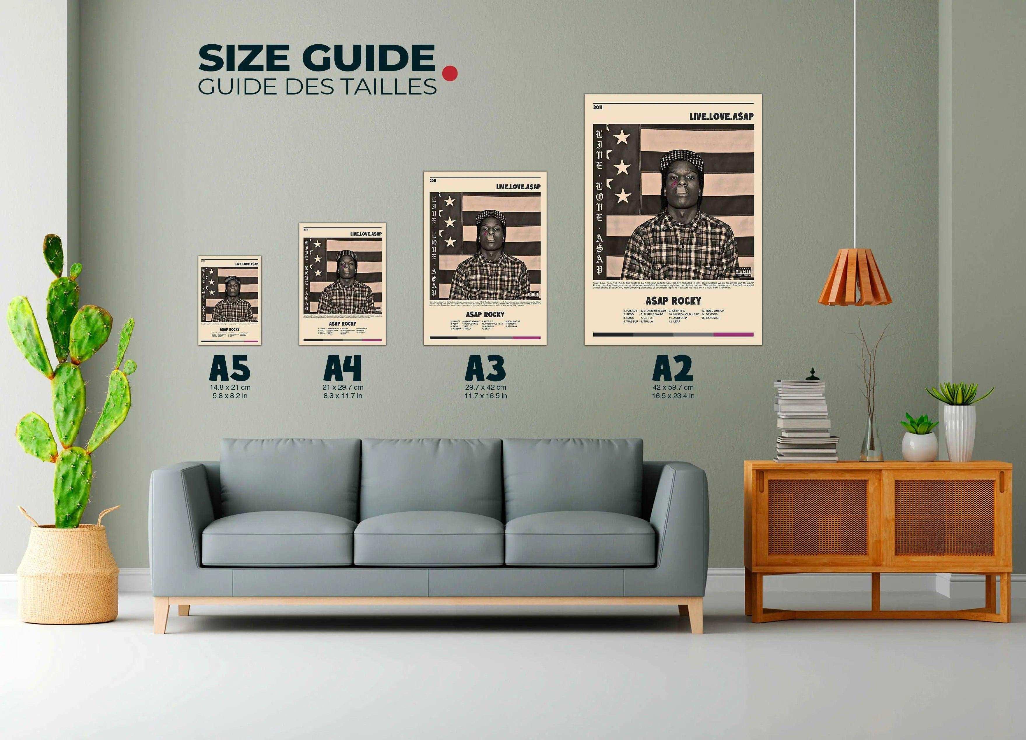 Posters format A2, A3, A4, A5 accrochés sur un mur de salon, fait en France, livraison 48h gratuite, cadeau idéal Noël