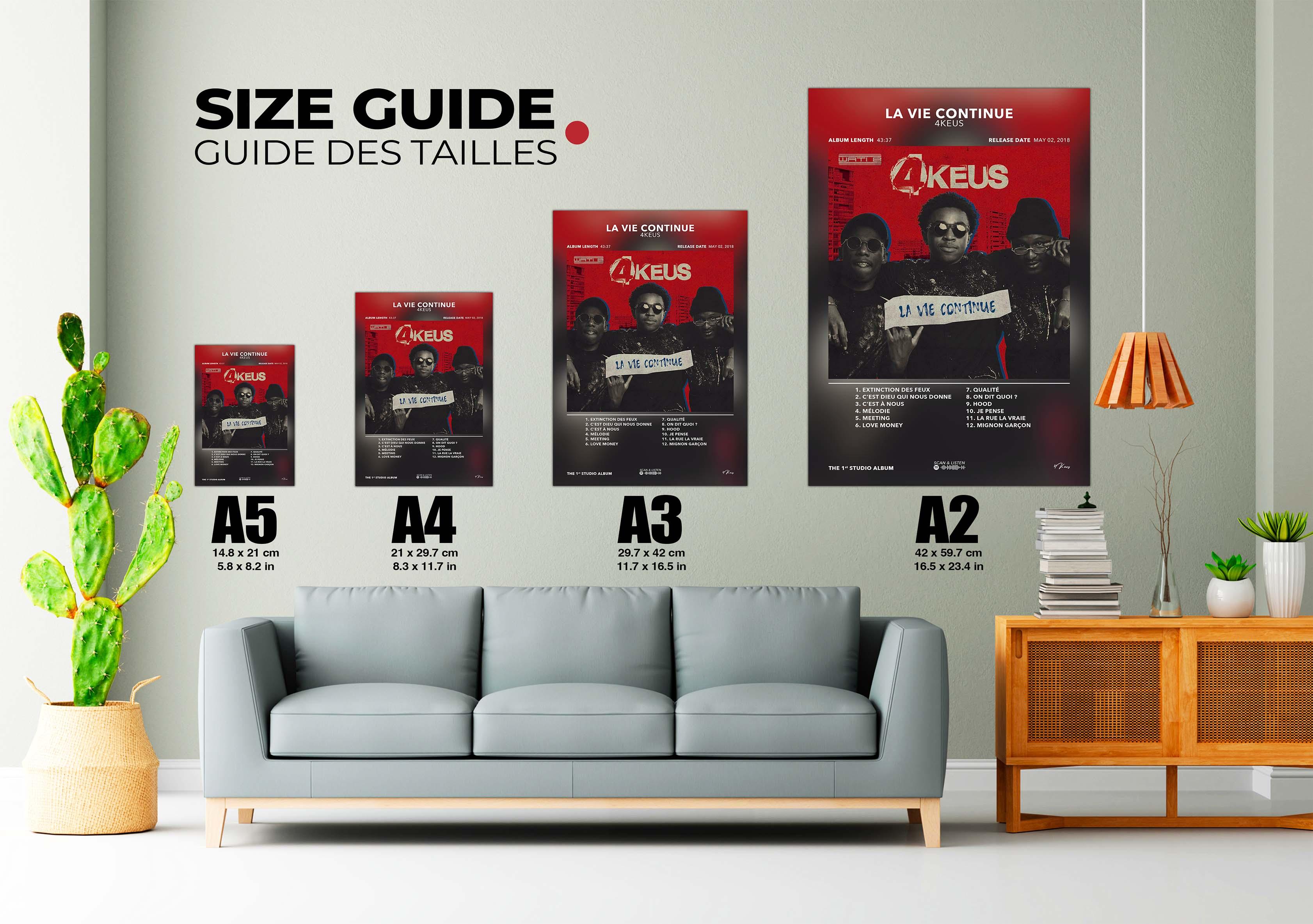 Guide des tailles posters A5 à A2 du groupe 4Keus, salon avec canapé, fait en France, livraison gratuite 48h
