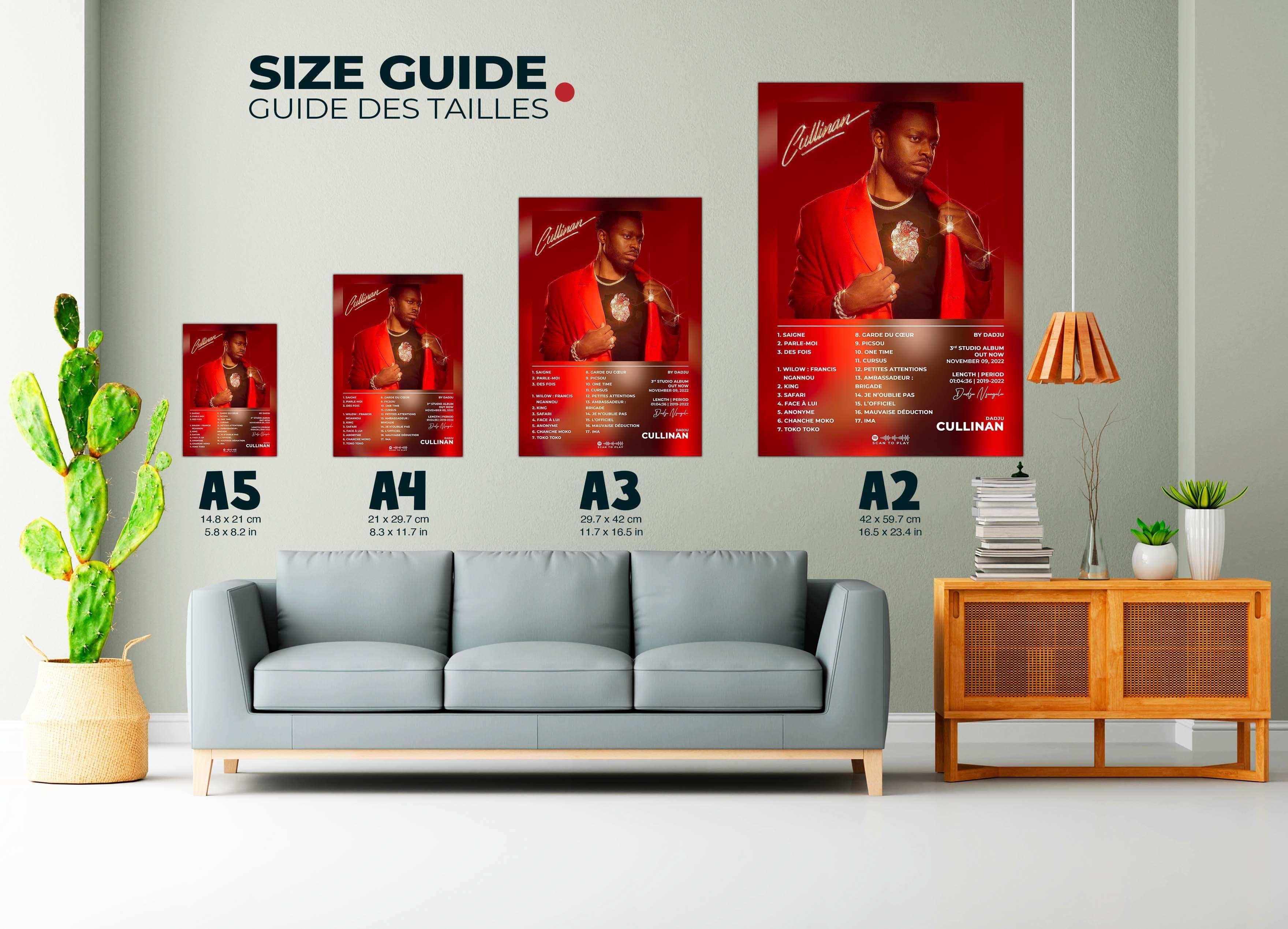 4 affiches rouges Cullinan de différentes tailles exposées au mur d’un salon, fait en France, livraison gratuite 48h, cadeau idéal pour Noël