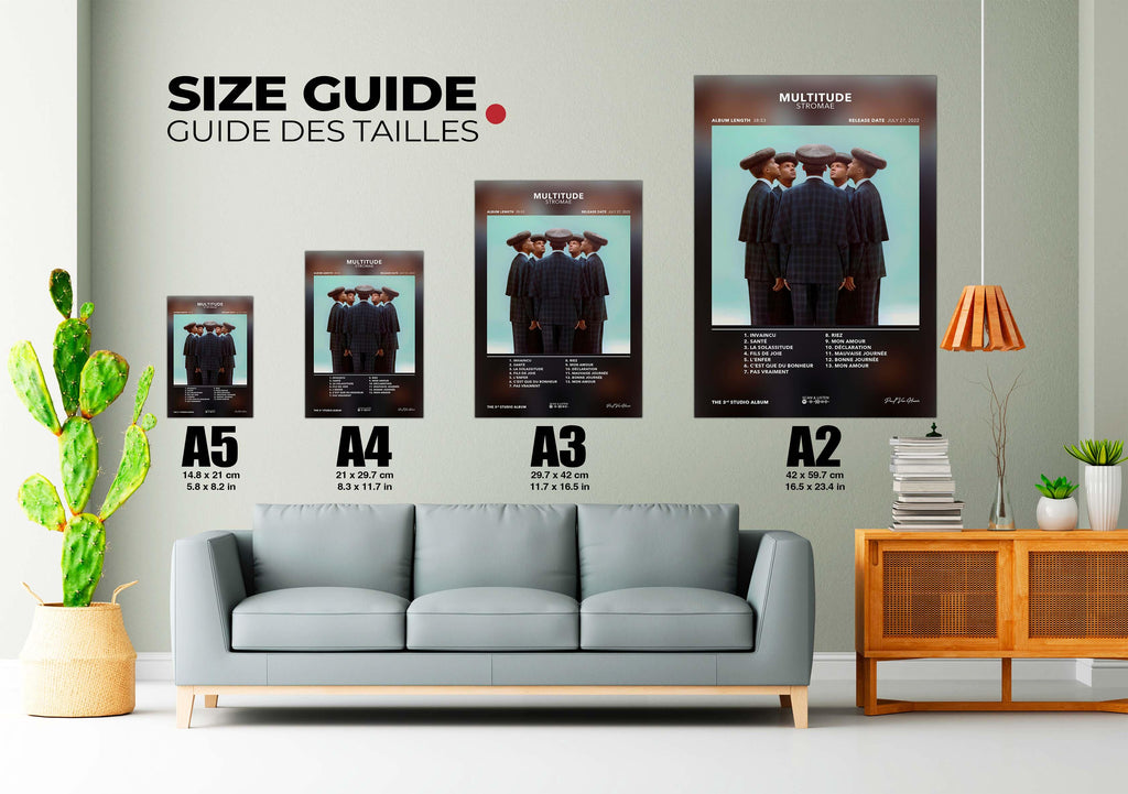 Guide des tailles de posters multi formats au-dessus d'un canapé gris, fait en France, livraison gratuite en 48h