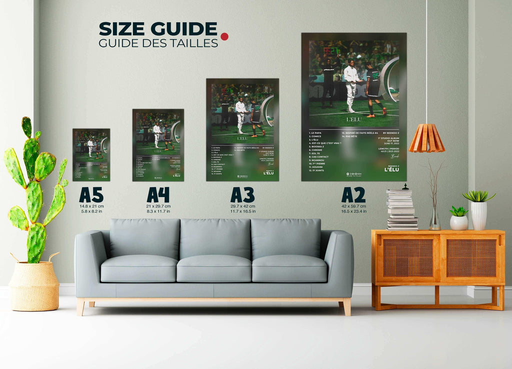 Affiche murale football en plusieurs tailles au-dessus d’un canapé, fait en France, livraison gratuite 48h, cadeau idéal Noël