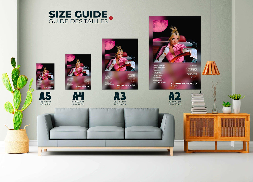 Affiches Future Nostalgia de tailles A2 à A5 sur un mur, fait en France, livraison 48h, cadeau idéal Noël