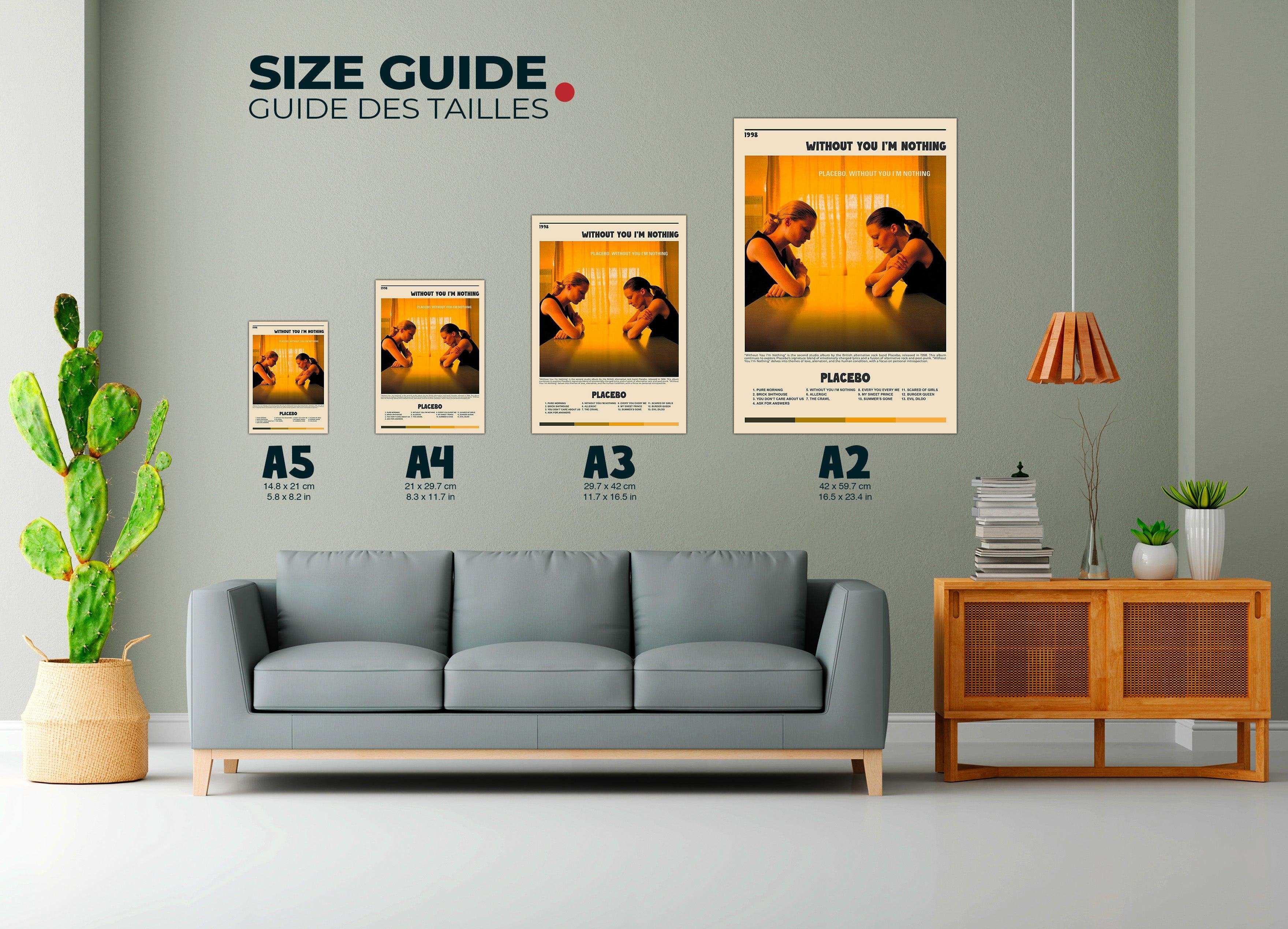 Affiches déco Placebo accrochées au mur près d’un canapé, fait en France, livraison 48h gratuite, cadeau idéal Noël