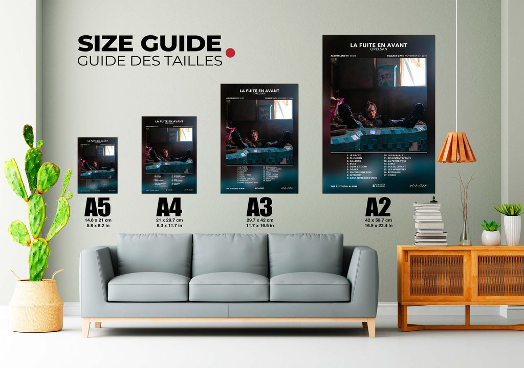 Guide des tailles posters mur salon avec canapé gris et plante verte, fait en France, livraison gratuite 48h