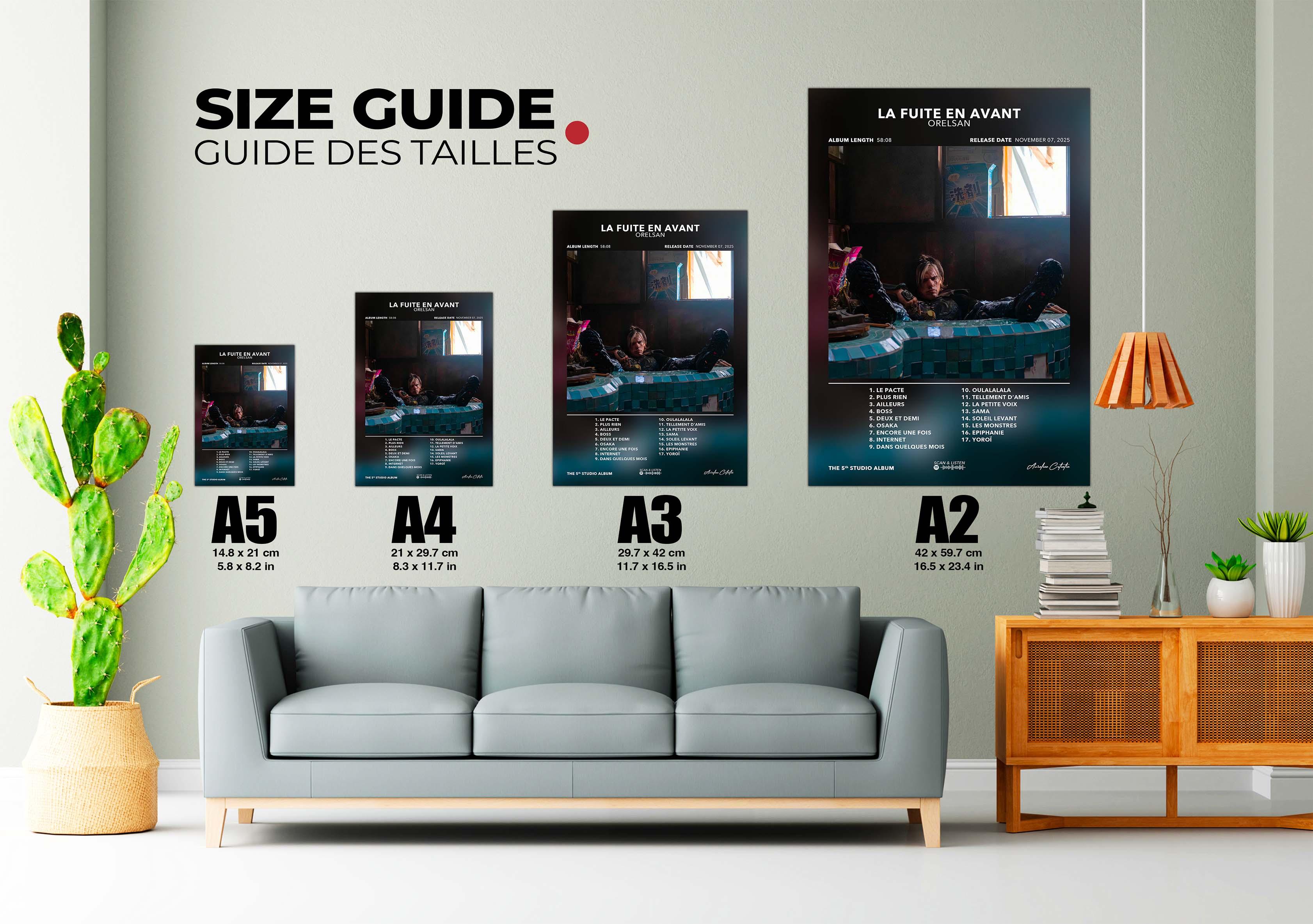 Guide des tailles posters mur salon avec canapé gris et plante verte, fait en France, livraison gratuite 48h