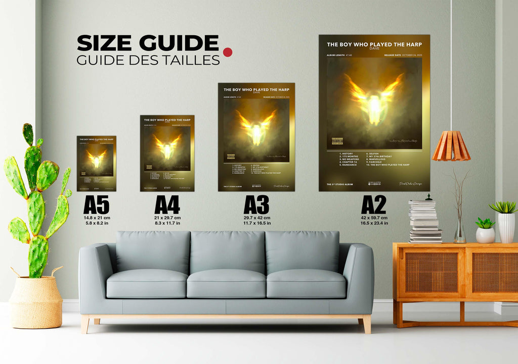 Guide des tailles de posters A5, A4, A3, A2 sur mur gris avec canapé, plante, meuble bois fait en France livraison gratuite 48h