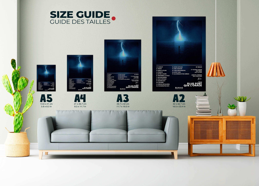 Affiches murales de différentes tailles au-dessus d’un canapé, fait en France, livraison gratuite 48h, cadeau idéal pour Noël