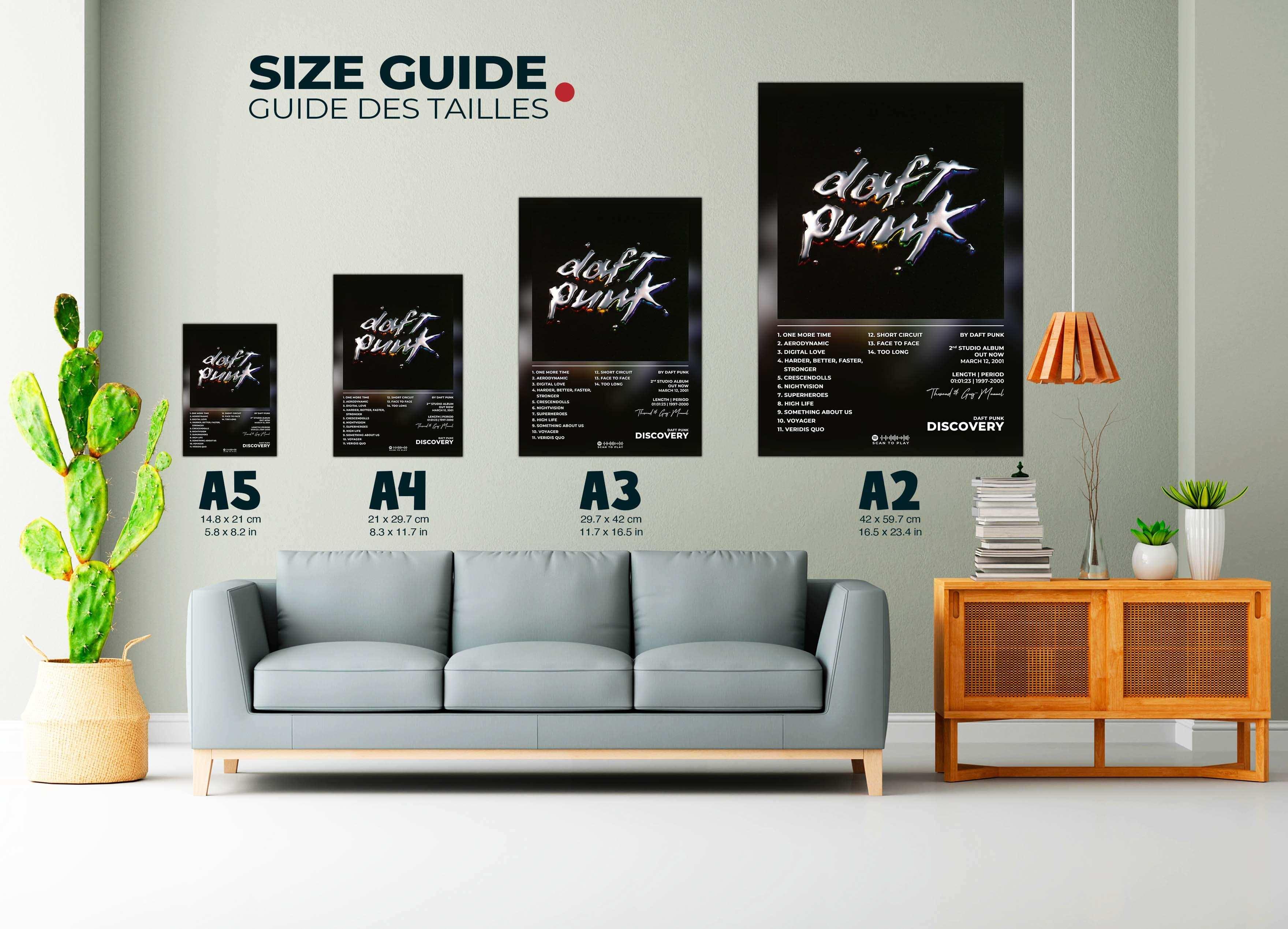 Affiches Daft Punk de différentes tailles exposées dans un salon, fait en France, livraison gratuite 48h, cadeau idéal pour Noël