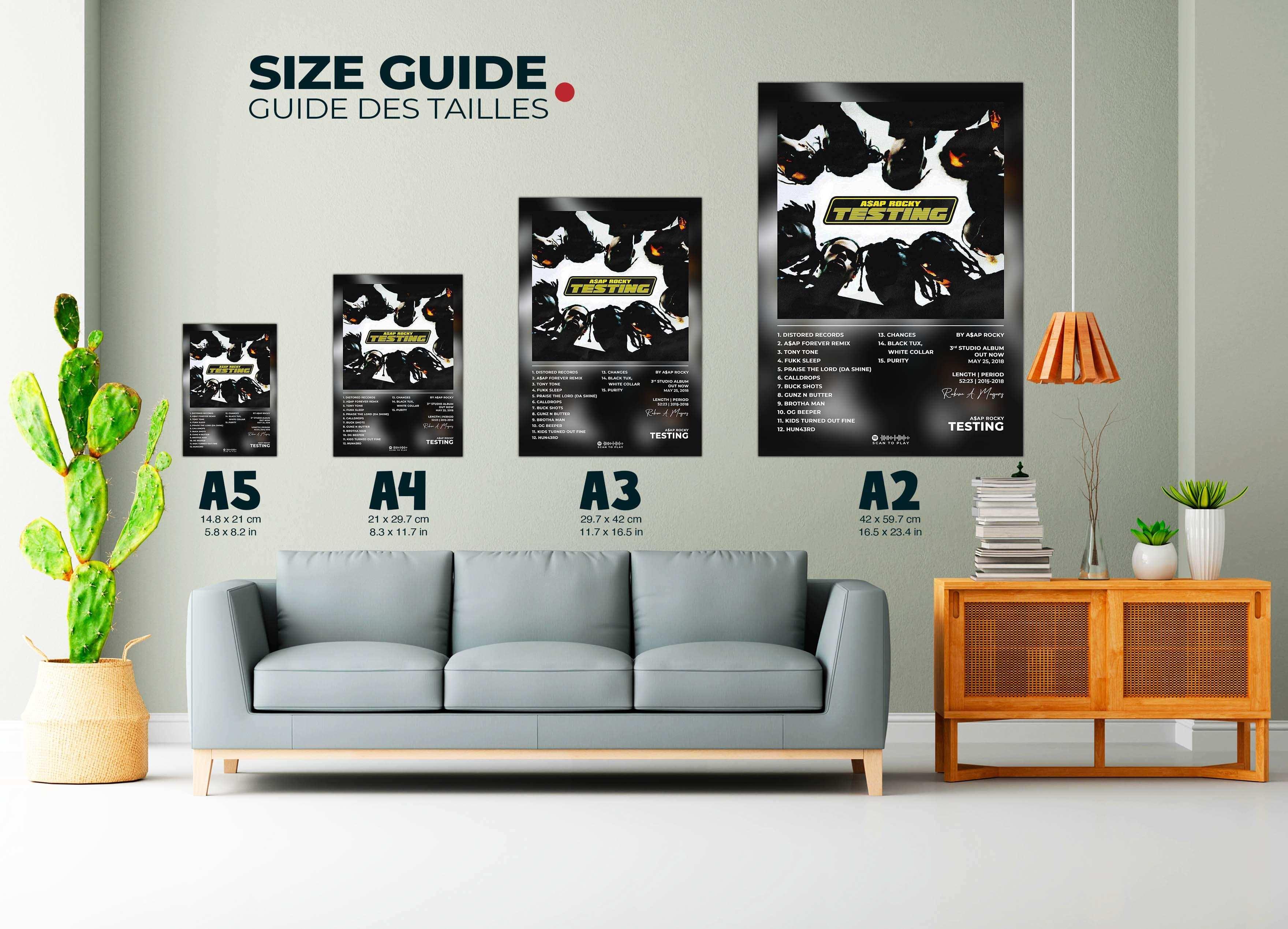 Affiches de différentes tailles sur un mur de salon, faites en France, livraison gratuite 48h, cadeau idéal Noël