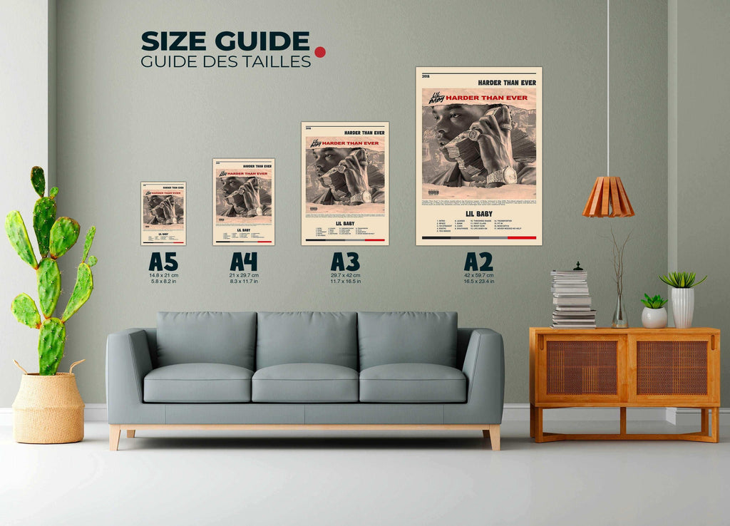 Affiches Lil Baby de différentes tailles exposées au mur, faites en France, livraison gratuite 48h, cadeau idéal Noël