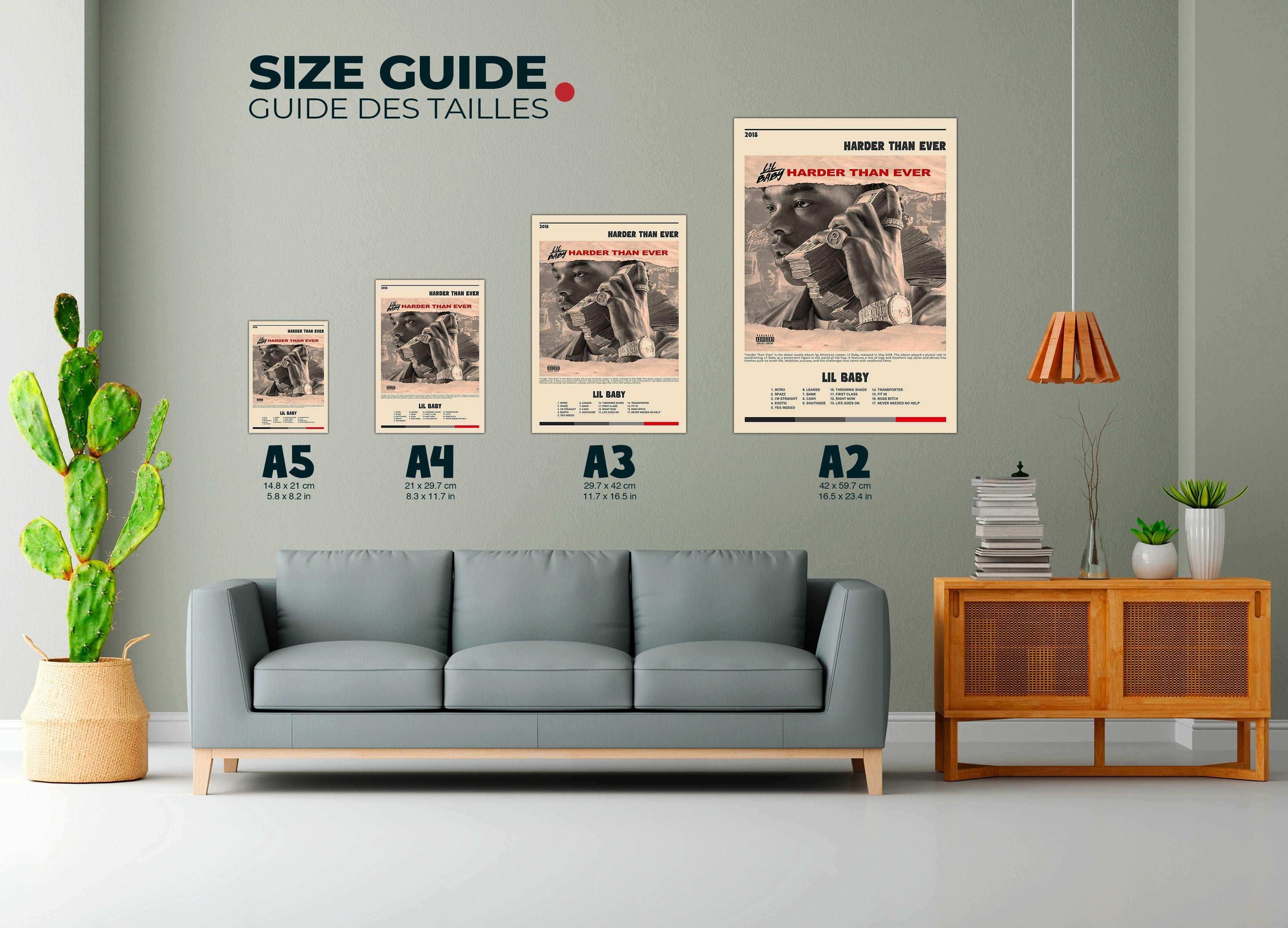 Affiches Lil Baby de différentes tailles exposées au mur, faites en France, livraison gratuite 48h, cadeau idéal Noël