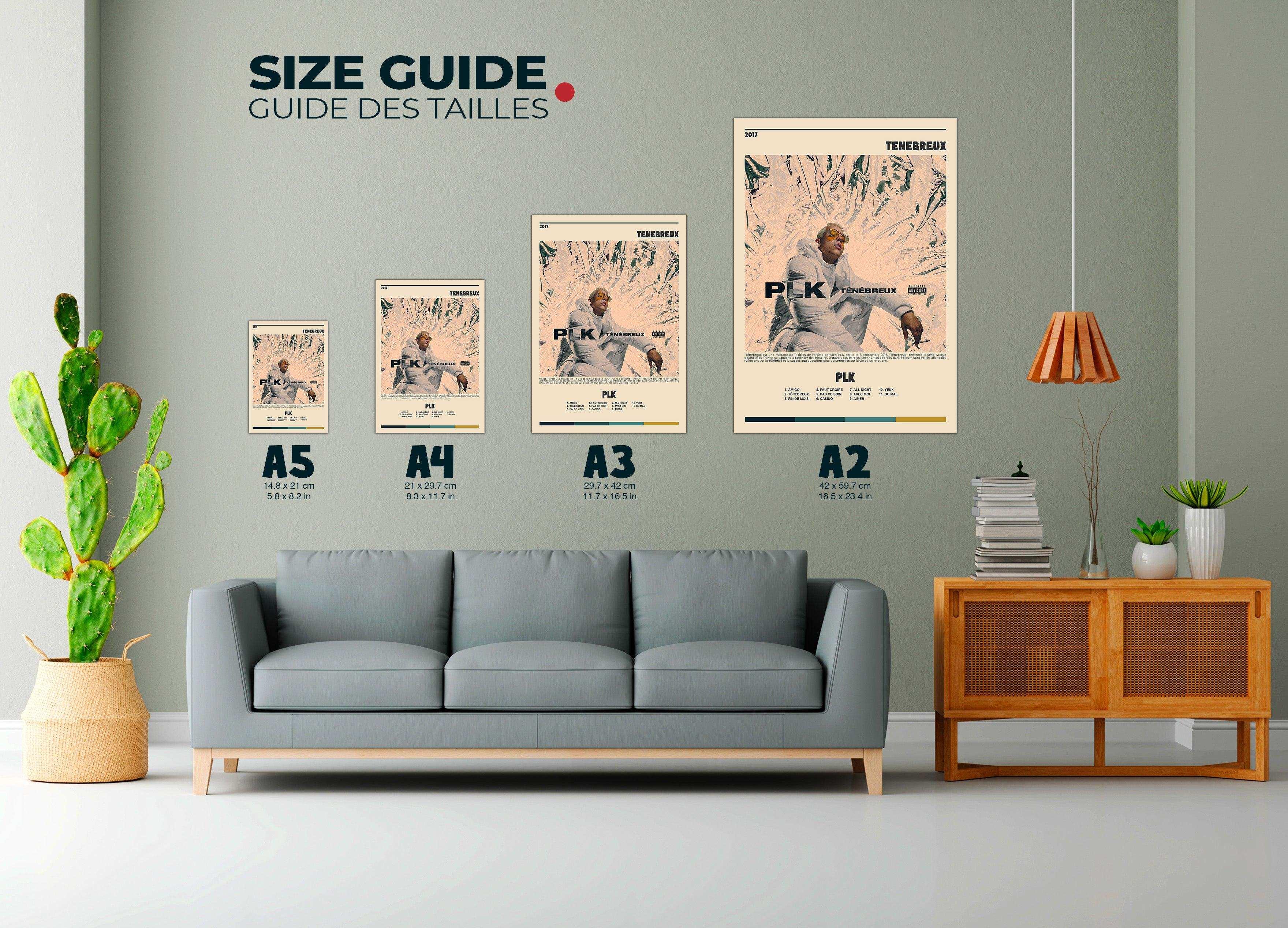 Guide des tailles d'affiches PLK au mur d'un salon moderne, fait en France, livraison gratuite 48h, cadeau idéal pour Noël