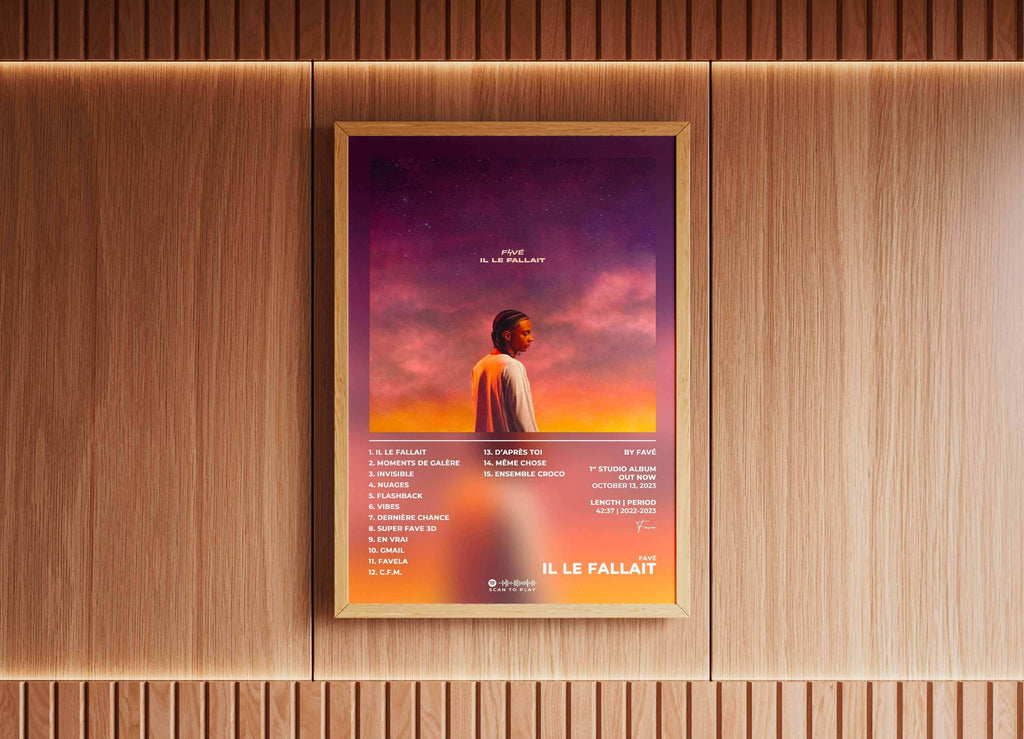 Affiche d'album encadrée sur mur bois, fait en France, livraison gratuite 48h, cadeau idéal Noël