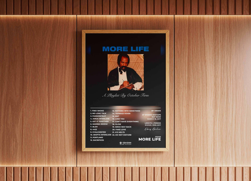 Affiche encadrée d'un album accrochée sur un mur en bois, fait en France, livraison 48h gratuite, cadeau idéal Noël