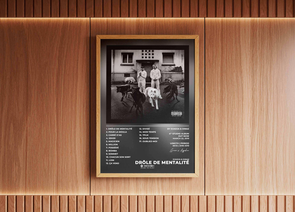 Affiche album Djadja & Dinaz encadrée sur mur bois, fait en France, livraison 48h offerte, cadeau idéal Noël
