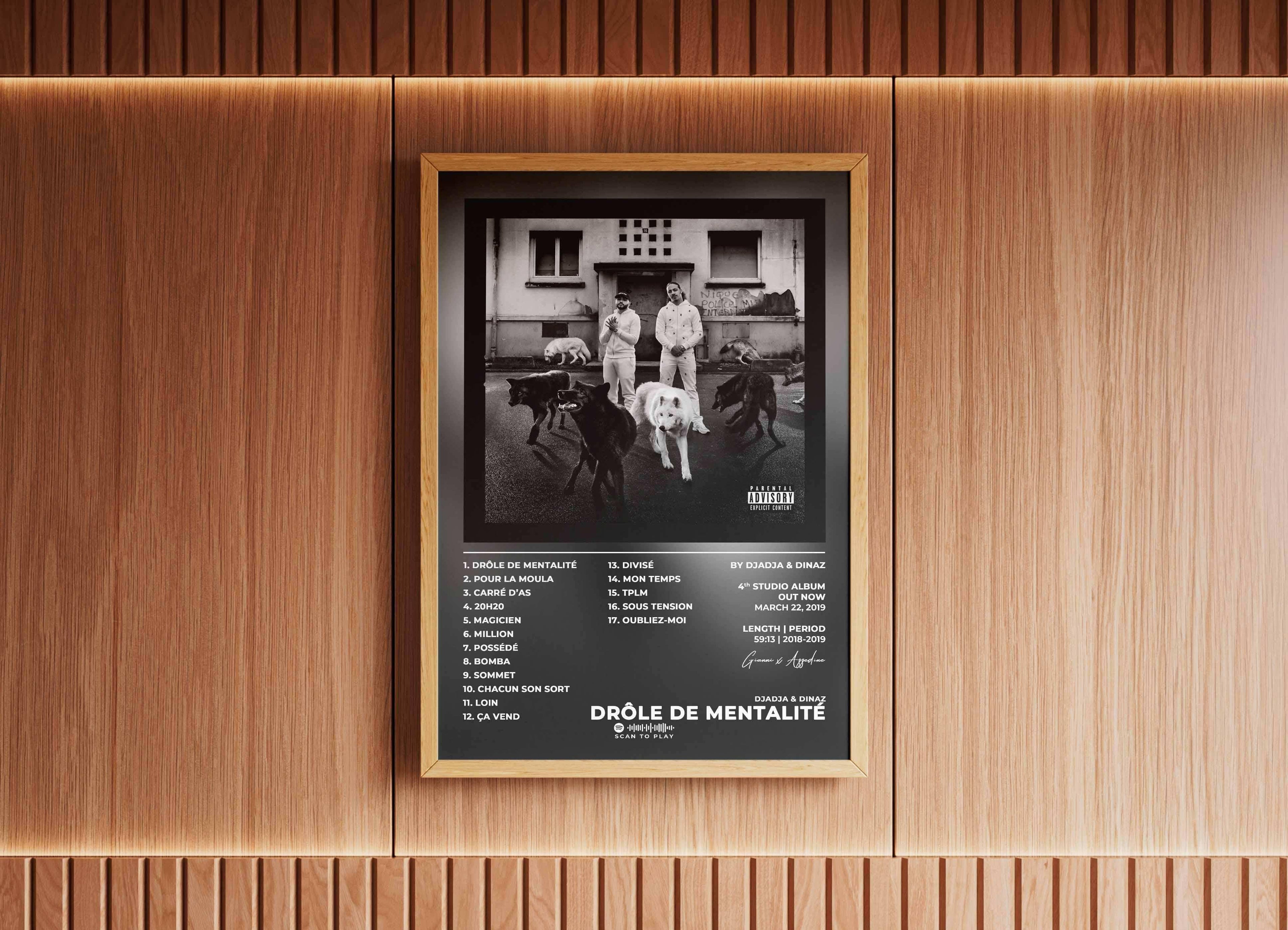 Affiche album Djadja & Dinaz encadrée sur mur bois, fait en France, livraison 48h offerte, cadeau idéal Noël