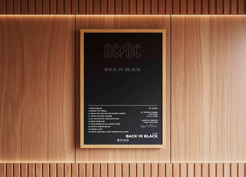 Affiche AC/DC Back in Black encadrée sur mur bois, fait en France, livraison gratuite 48h, cadeau idéal Noël