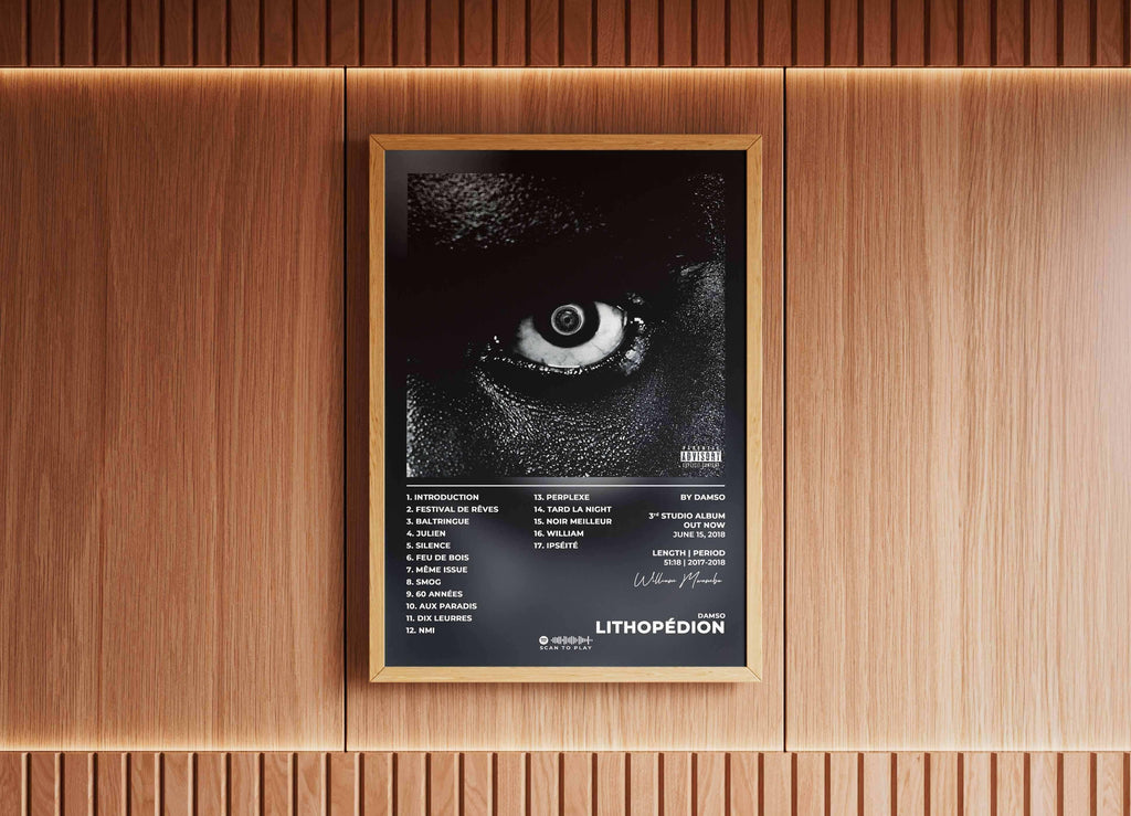 Affiche encadrée Lithopédion accrochée sur mur en bois, faite en France, livraison gratuite 48h, cadeau idéal Noël