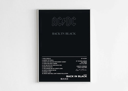 Affiche AC/DC Back in Black encadrée, fait en France, livraison gratuite 48h, cadeau idéal Noël