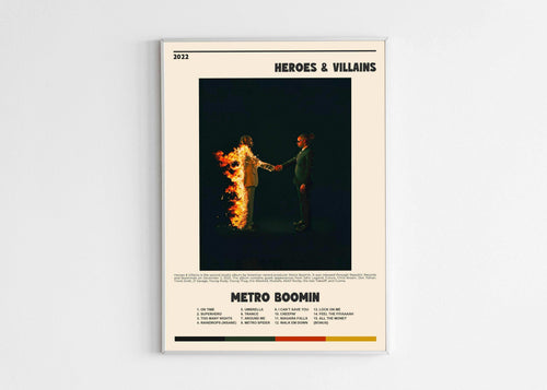 Affiche Metro Boomin Heroes & Villains, deux hommes se serrent la main, l’un en flammes. Fait en France, livraison gratuite 48h, cadeau Noël idéal
