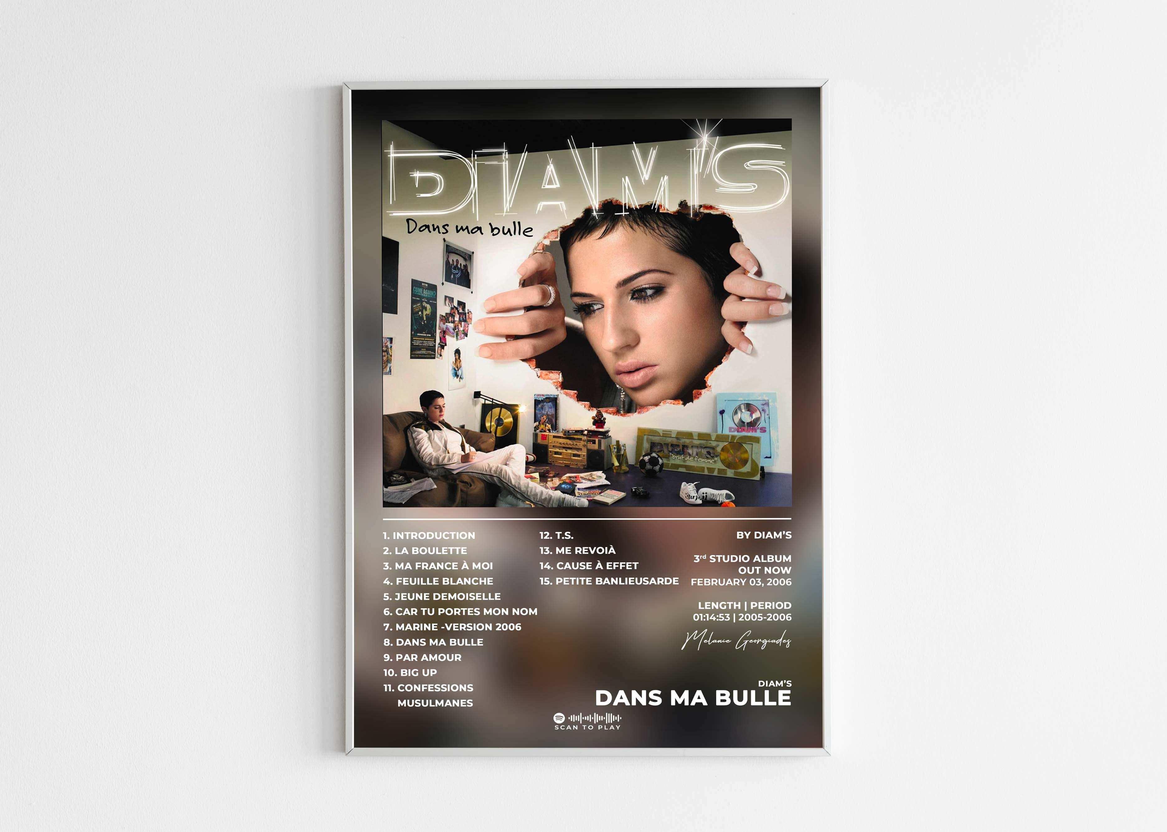 Affiche album Diam's 'Dans ma bulle' sur un mur, fait en France, livraison rapide 48h, cadeau Noël idéal