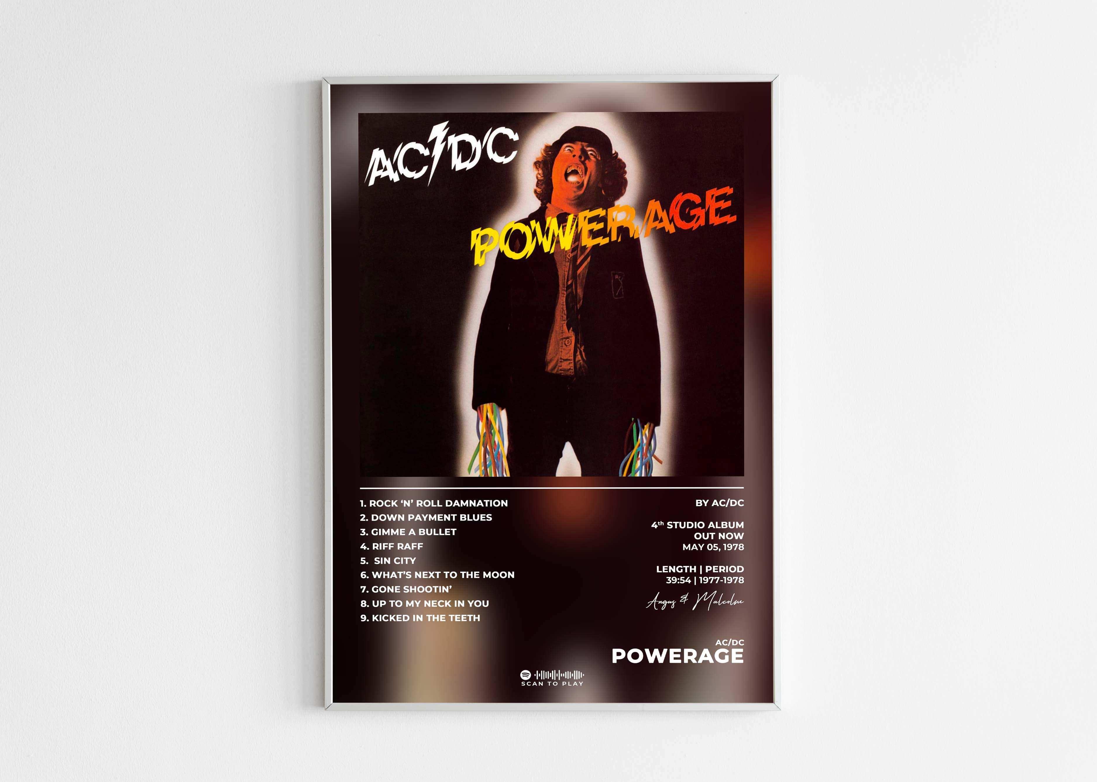 Affiche AC/DC Powerage accrochée au mur, fait en France, livraison gratuite 48h, cadeau idéal Noël