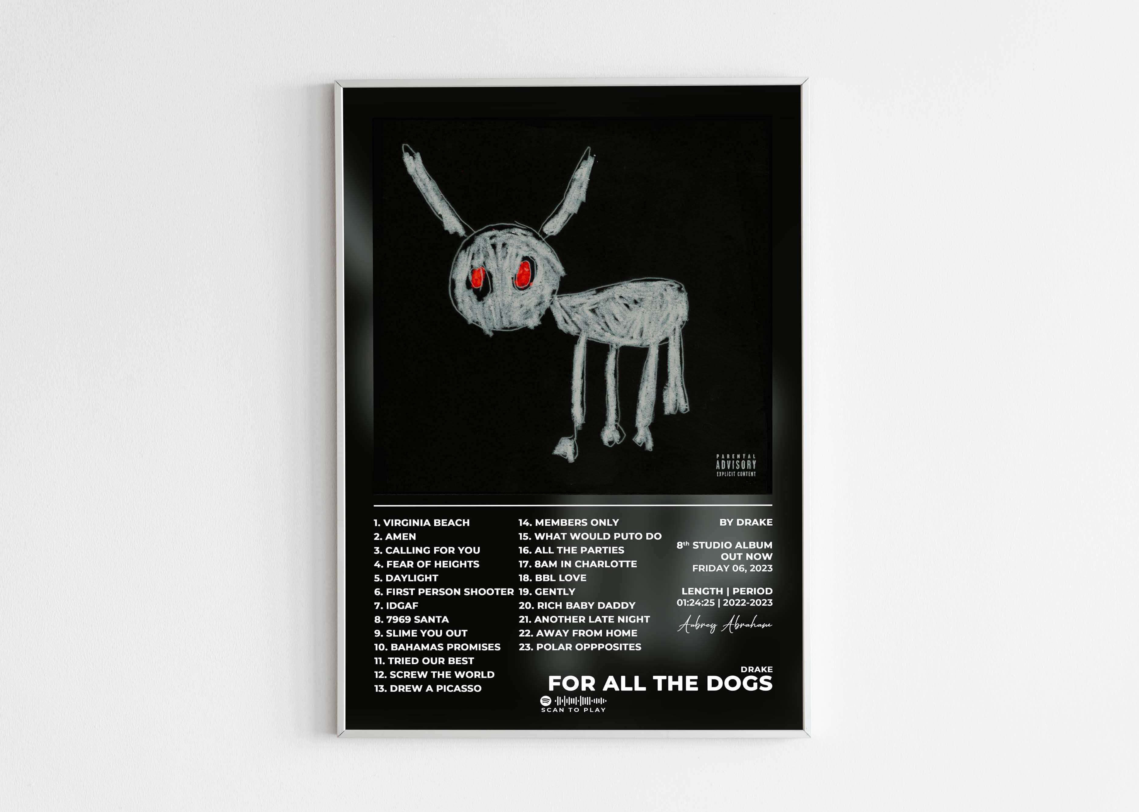 Affiche murale album For All The Dogs, fait en France, livraison gratuite 48h, cadeau idéal Noel